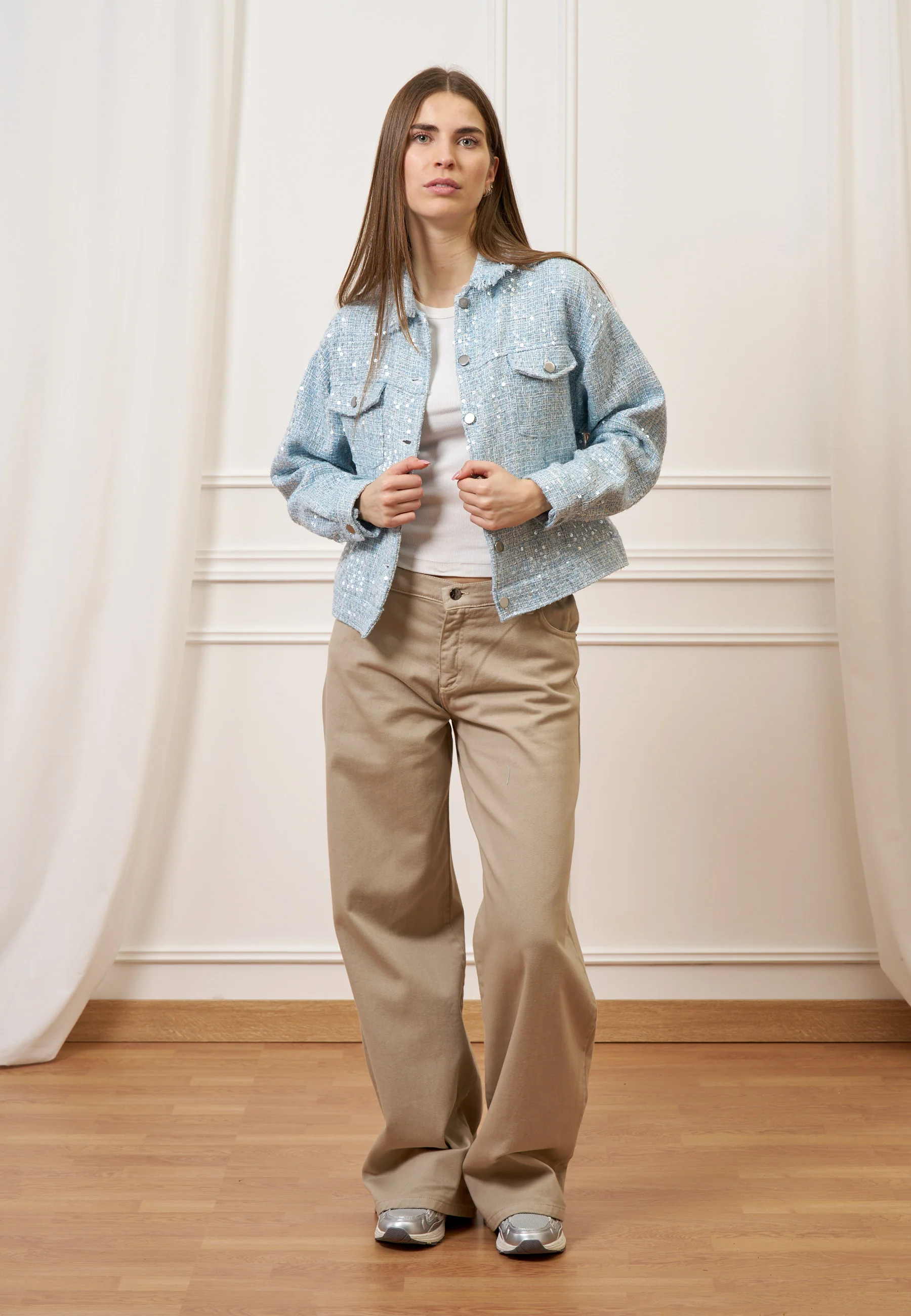 Giacca over in tweed con paillettes - CELESTE - Image 5