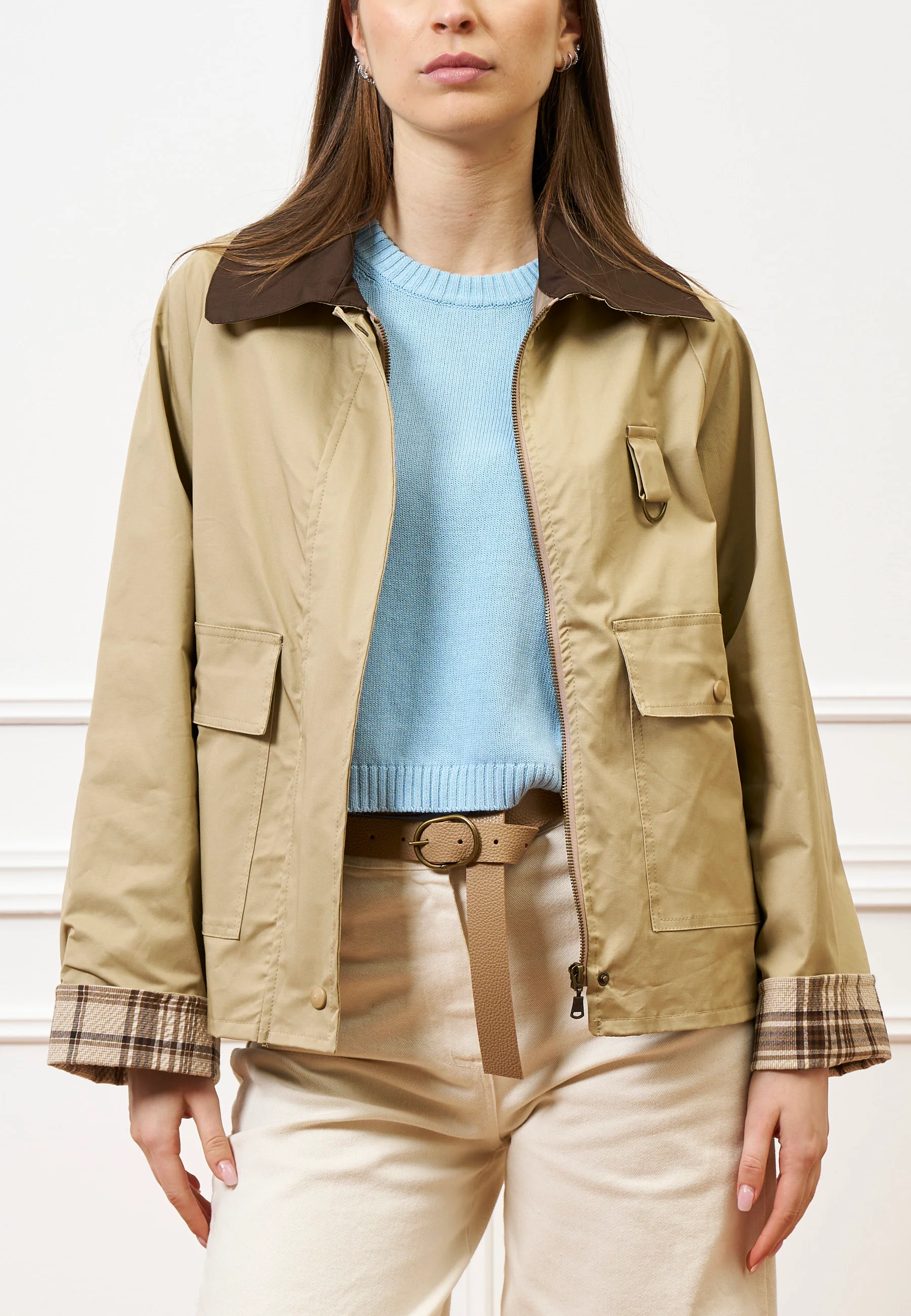 Giubbino corto con collo a contrasto - BEIGE - Image 3