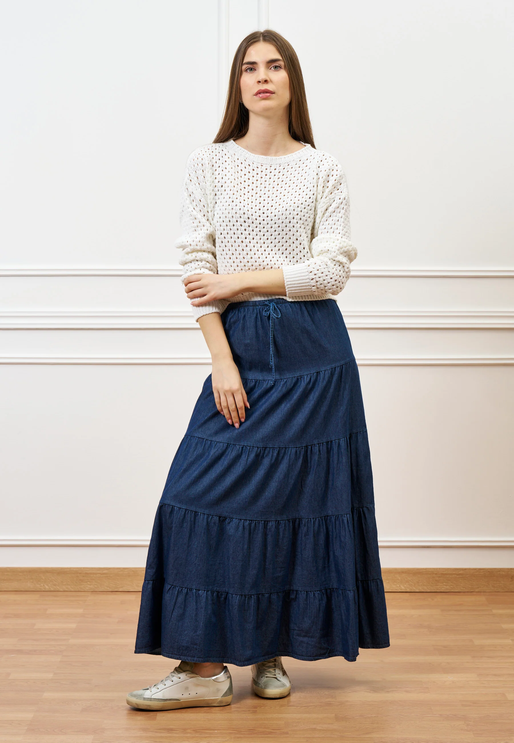 Gonna lunga a balze in chambray - BLU - Image 10