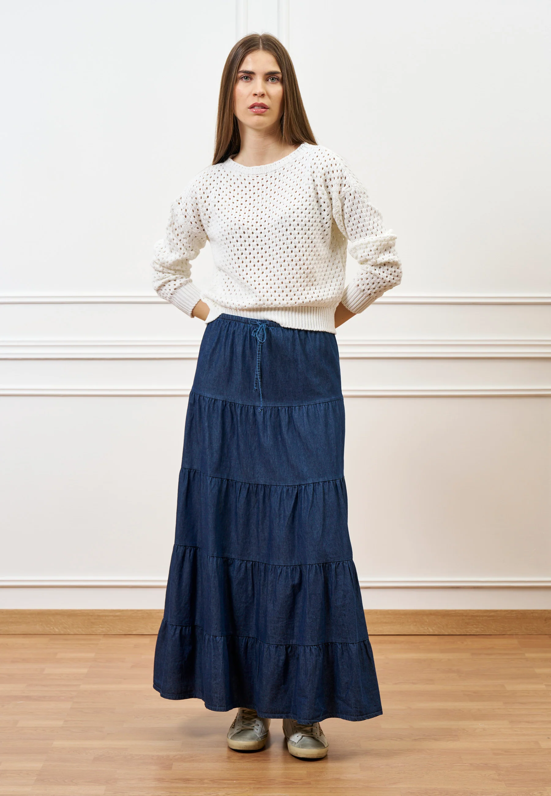 Gonna lunga a balze in chambray - BLU - Image 11