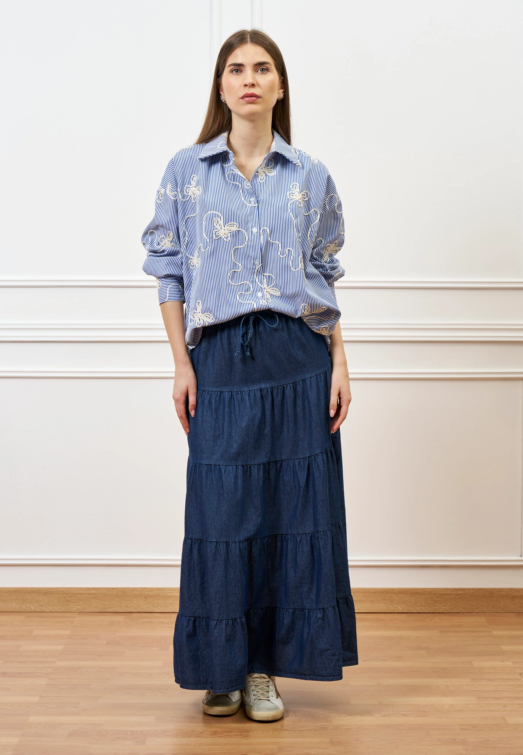 Gonna lunga a balze in chambray - BLU - Image 16