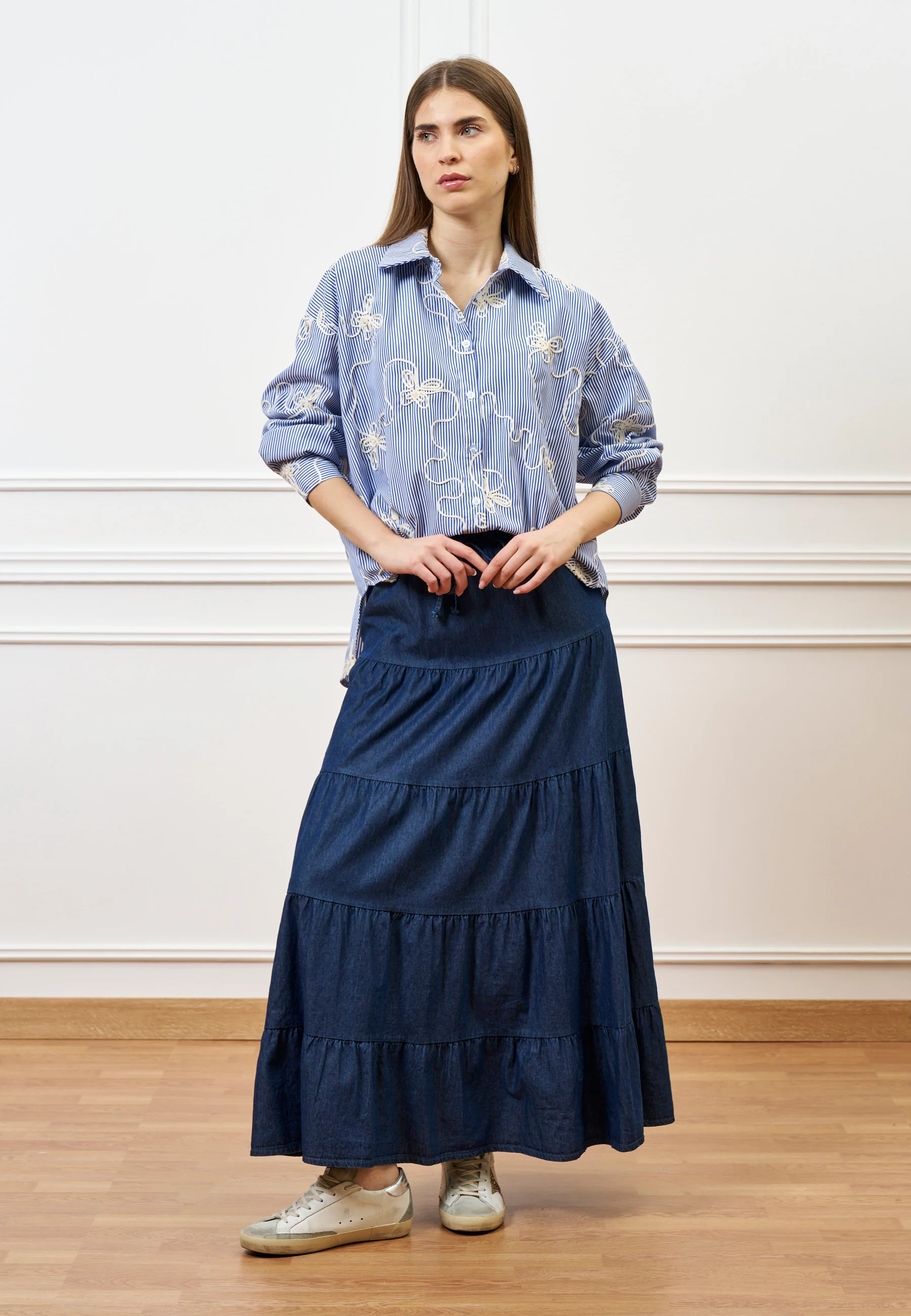Gonna lunga a balze in chambray - BLU - Image 17