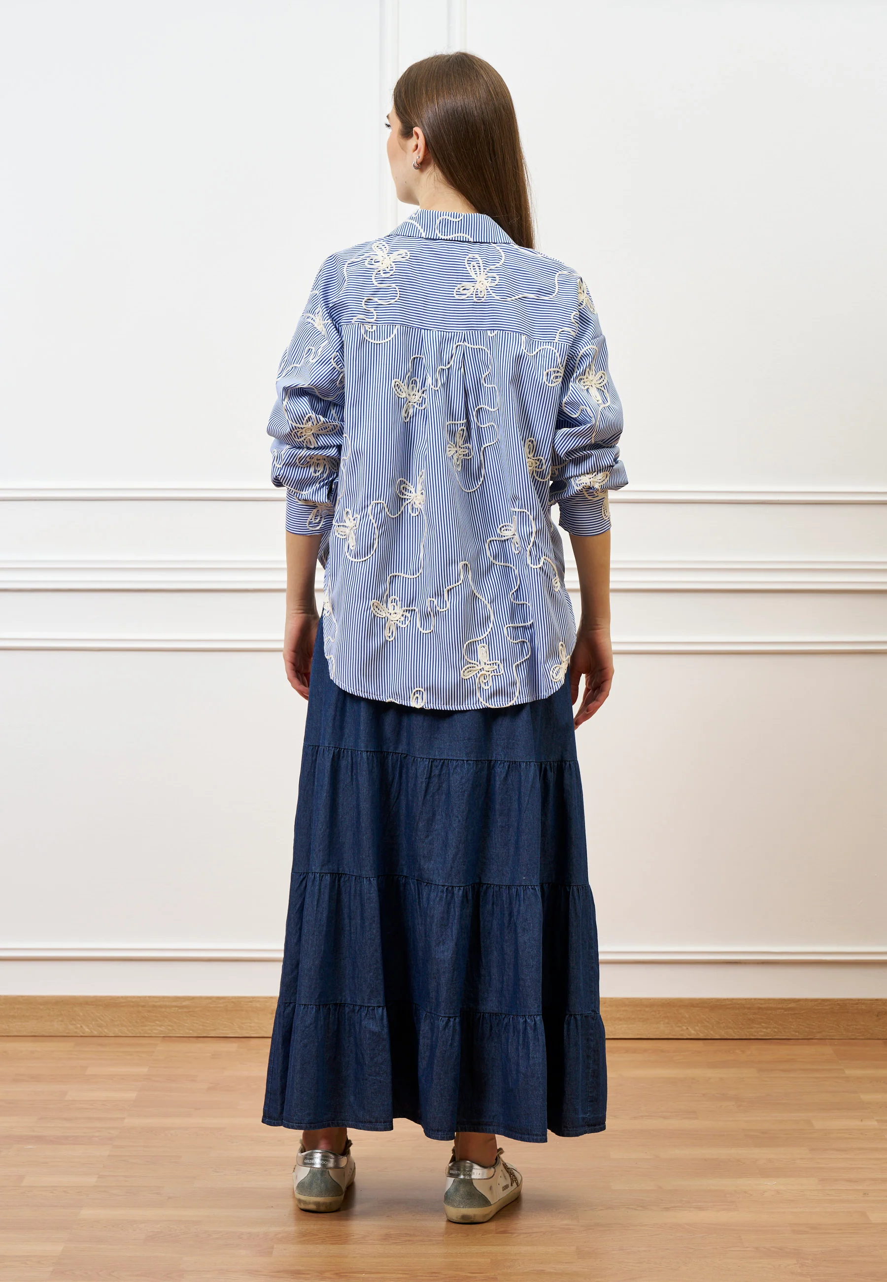 Gonna lunga a balze in chambray - BLU - Image 18