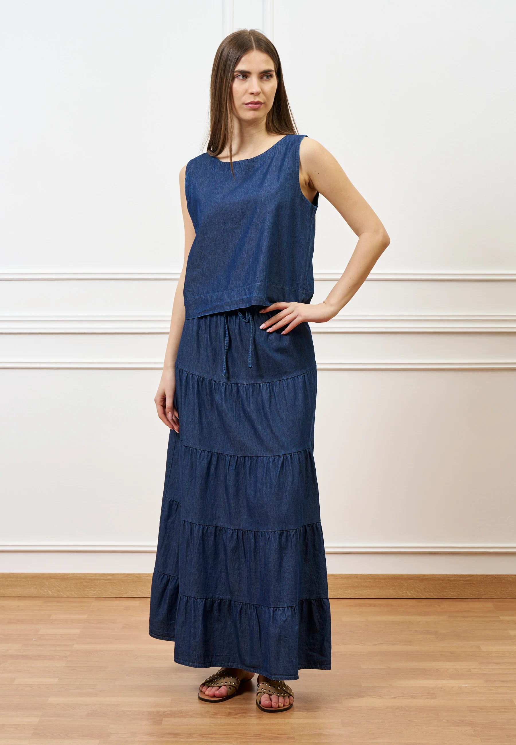 Gonna lunga a balze in chambray - BLU - Image 3