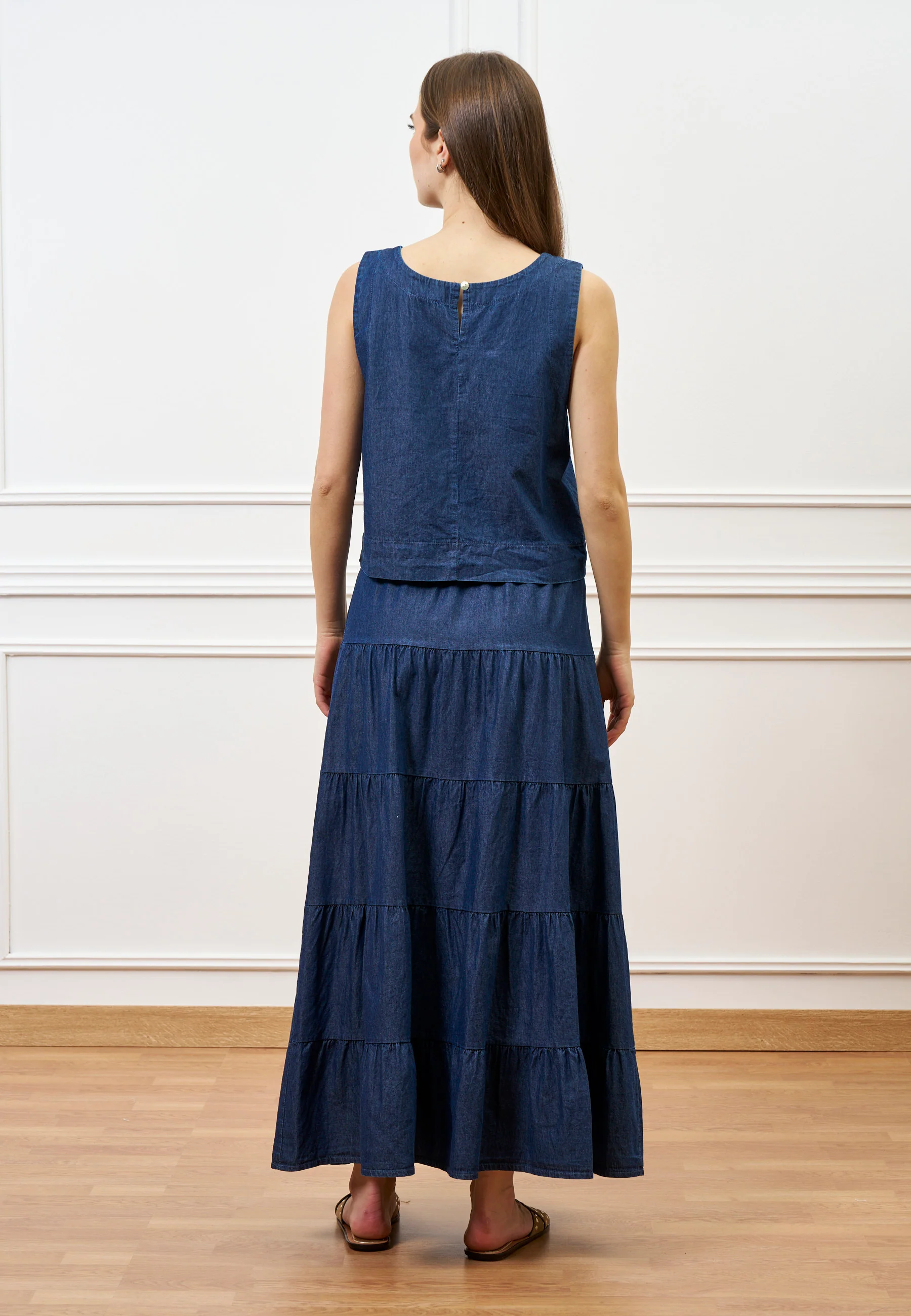 Gonna lunga a balze in chambray - BLU - Image 6