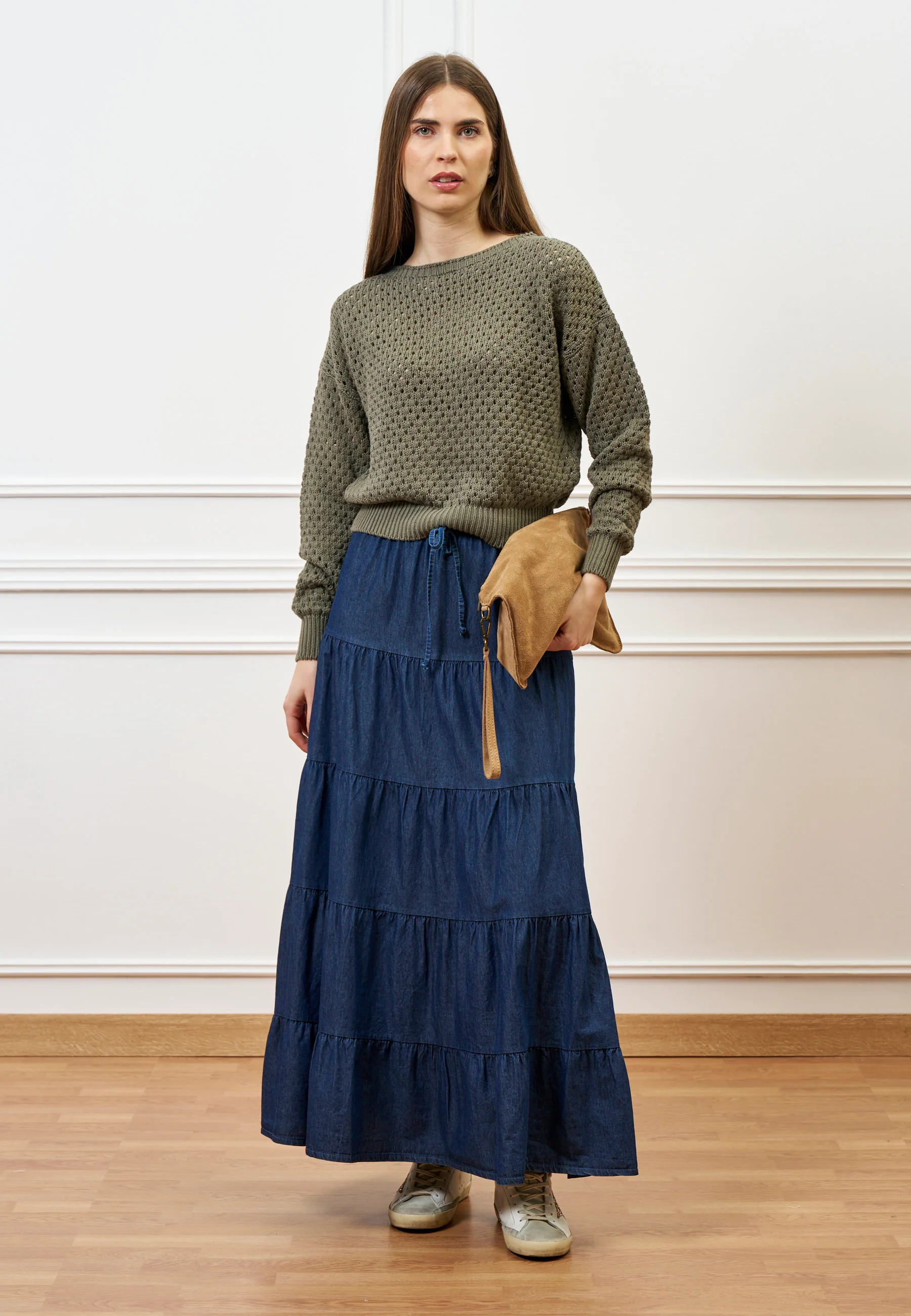 Gonna lunga a balze in chambray - BLU - Image 7