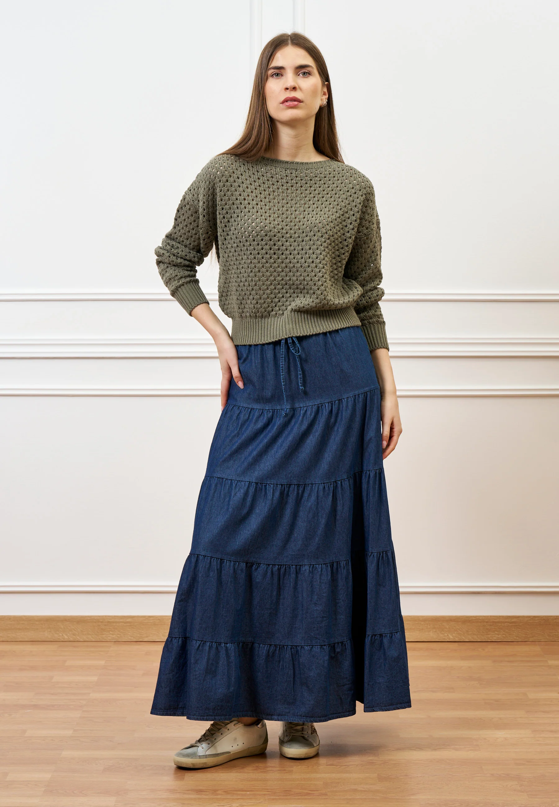 Gonna lunga a balze in chambray - BLU - Image 8