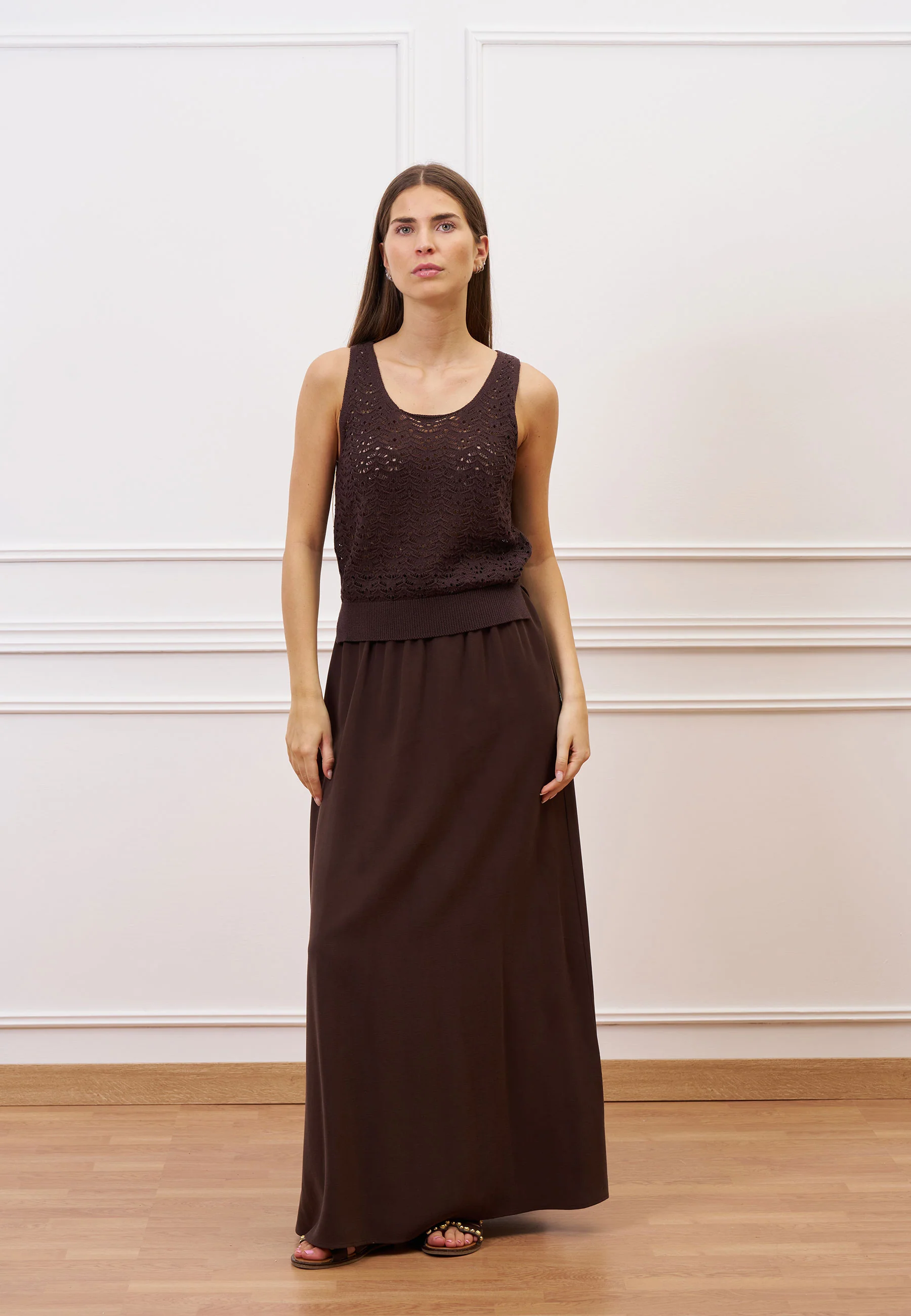 Gonna lunga con elastico in vita - MARRONE - Image 3