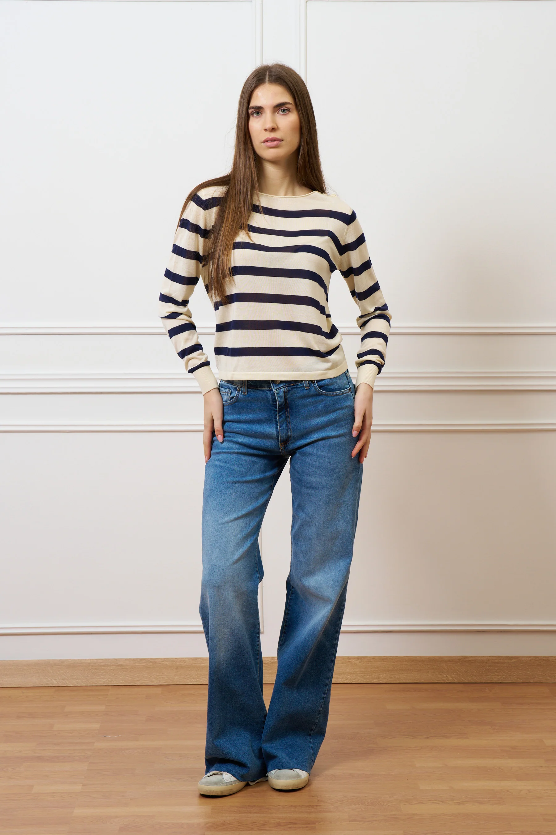 Maglia a righe con seta e cotone - AVORIO/BLU - Image 3