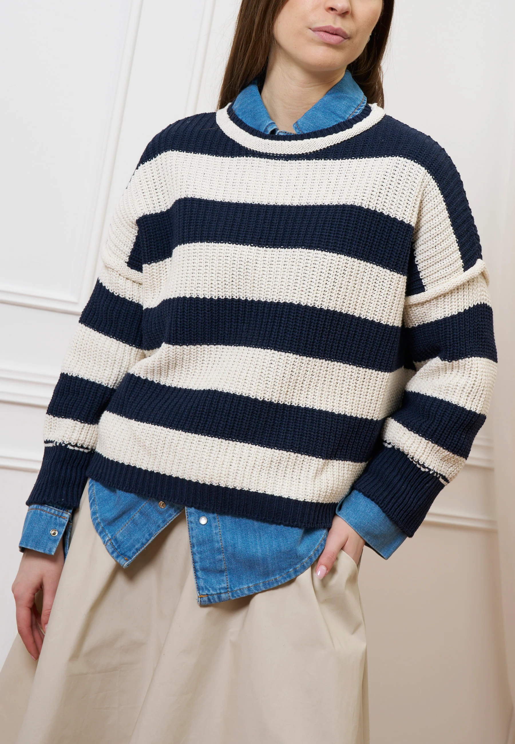 Maglia a righe con spalla scesa - AVORIO/BLU - Image 3