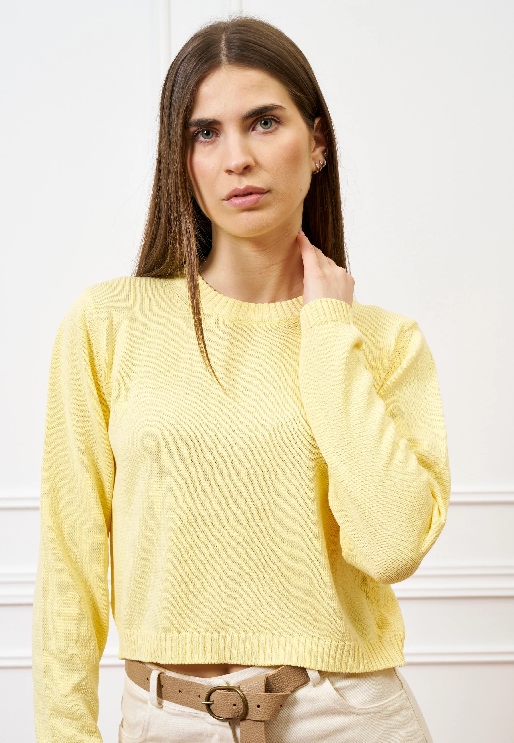 Maglia girocollo crop in cotone - GIALLO - Image 3