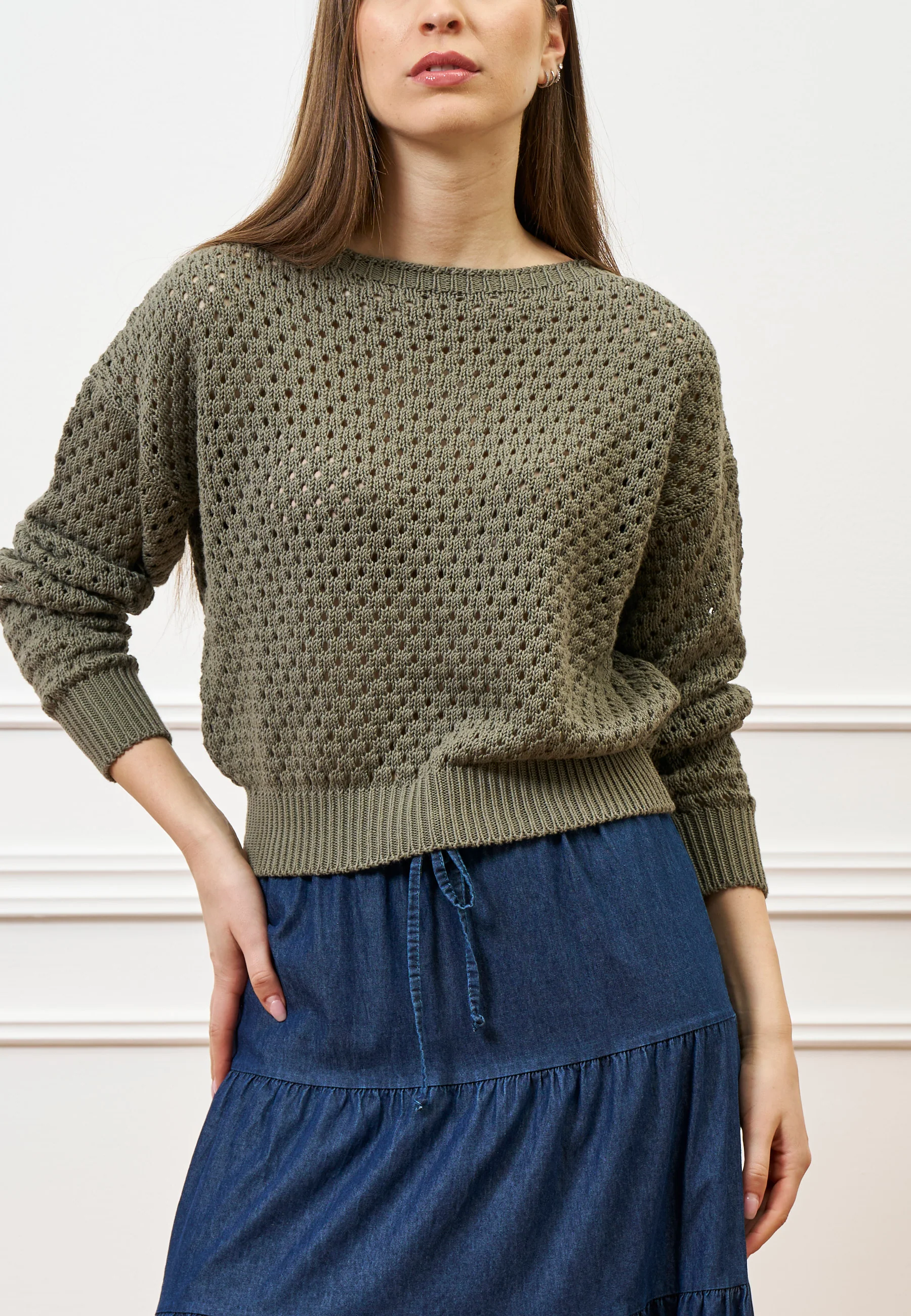 Maglia girocollo traforata - MILITARE
