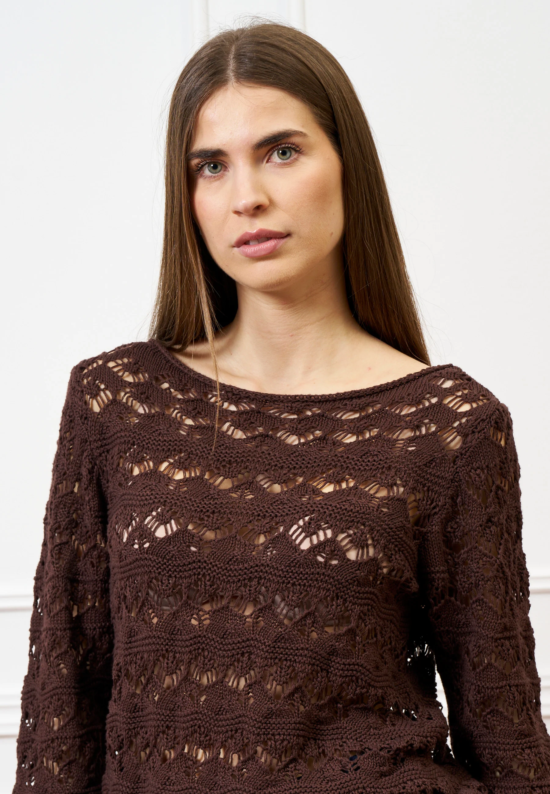 Maglia traforata con maniche tre quarti - MARRONE - Image 3