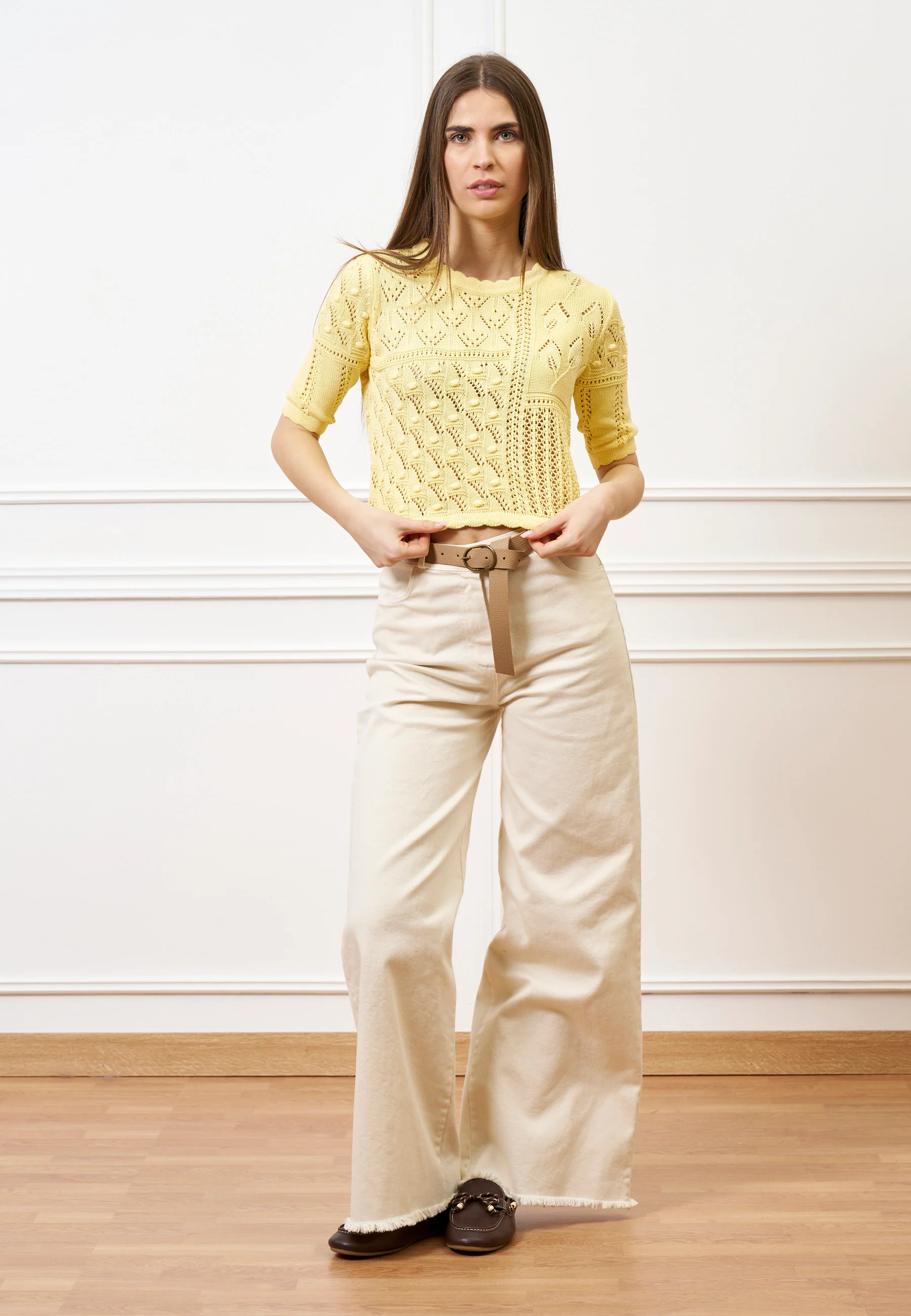 Maglia traforata crop in cotone - GIALLO - Image 2