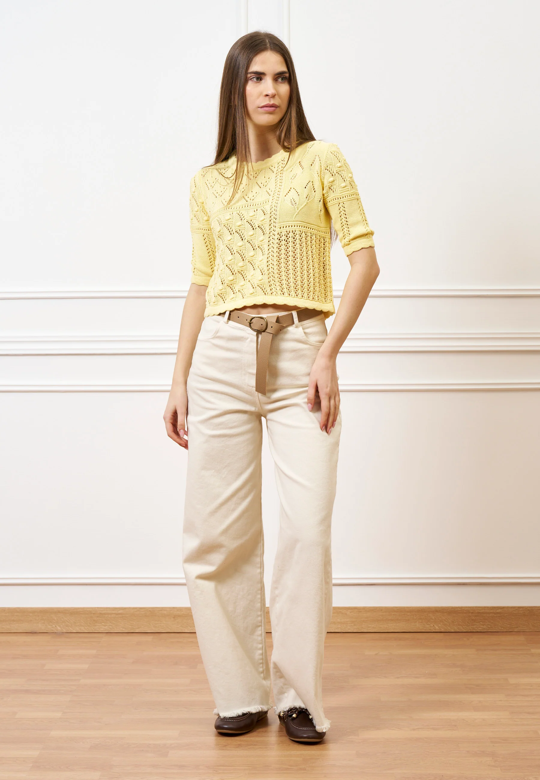 Maglia traforata crop in cotone - GIALLO - Image 3