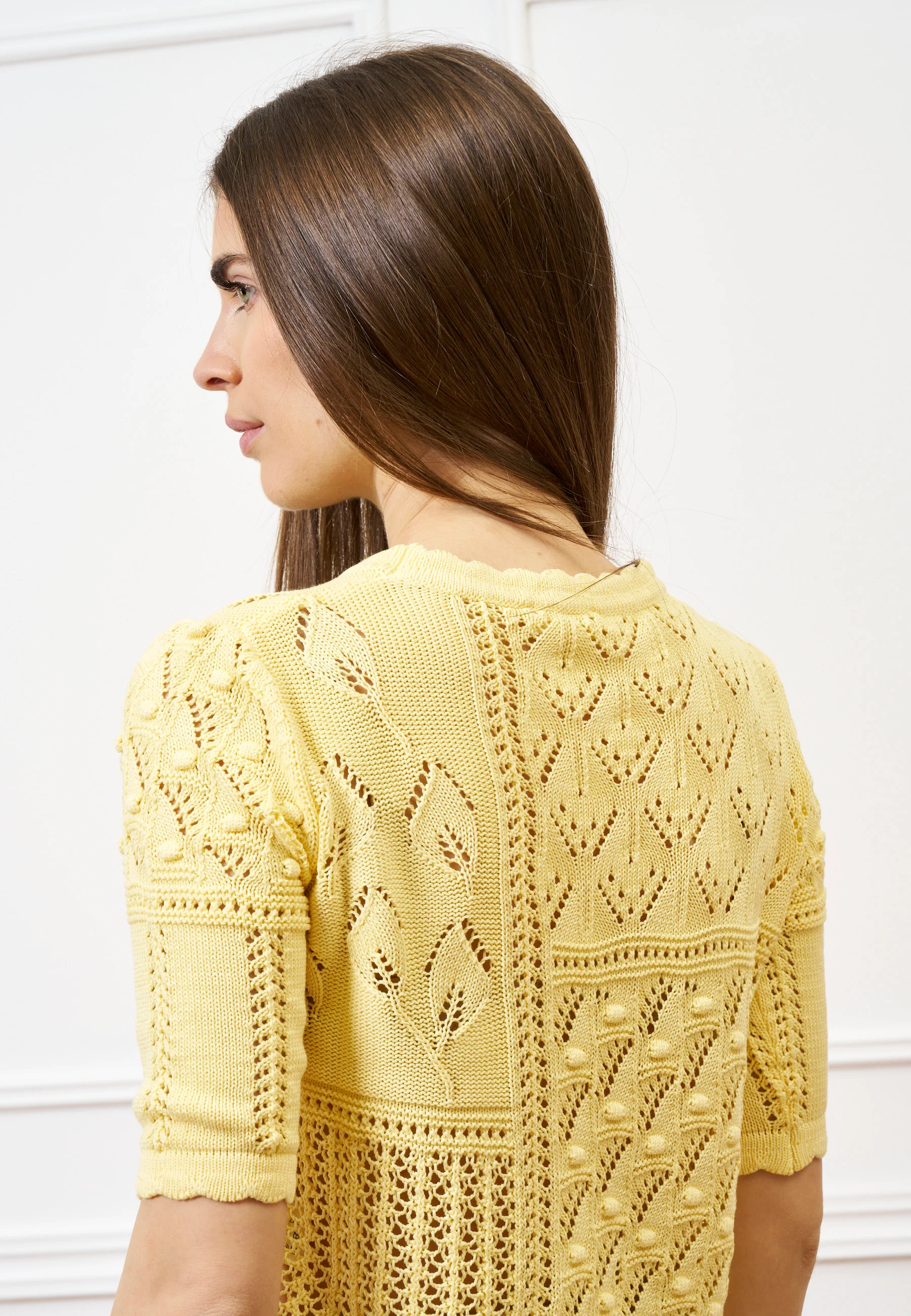 Maglia traforata crop in cotone - GIALLO - Image 4
