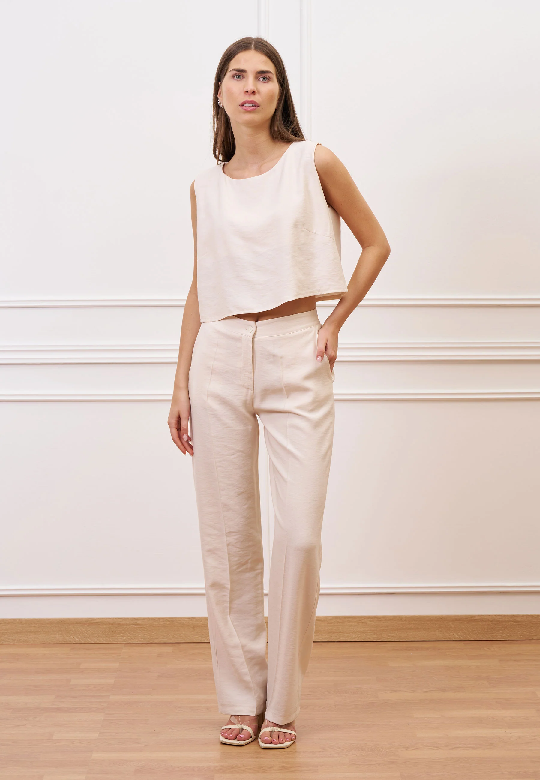 Pantalone ampio a vita alta in viscosa - AVORIO