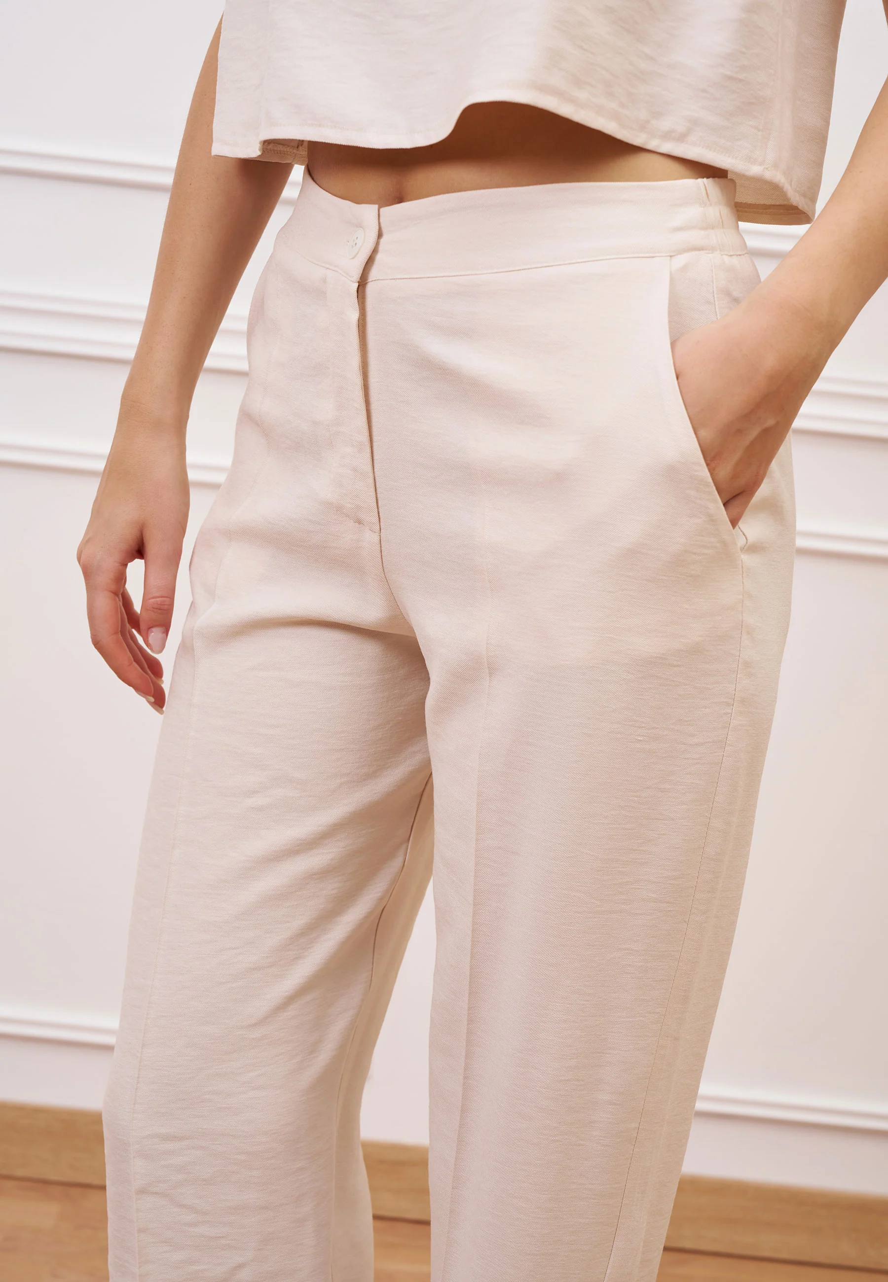 Pantalone ampio a vita alta in viscosa - AVORIO - Image 3