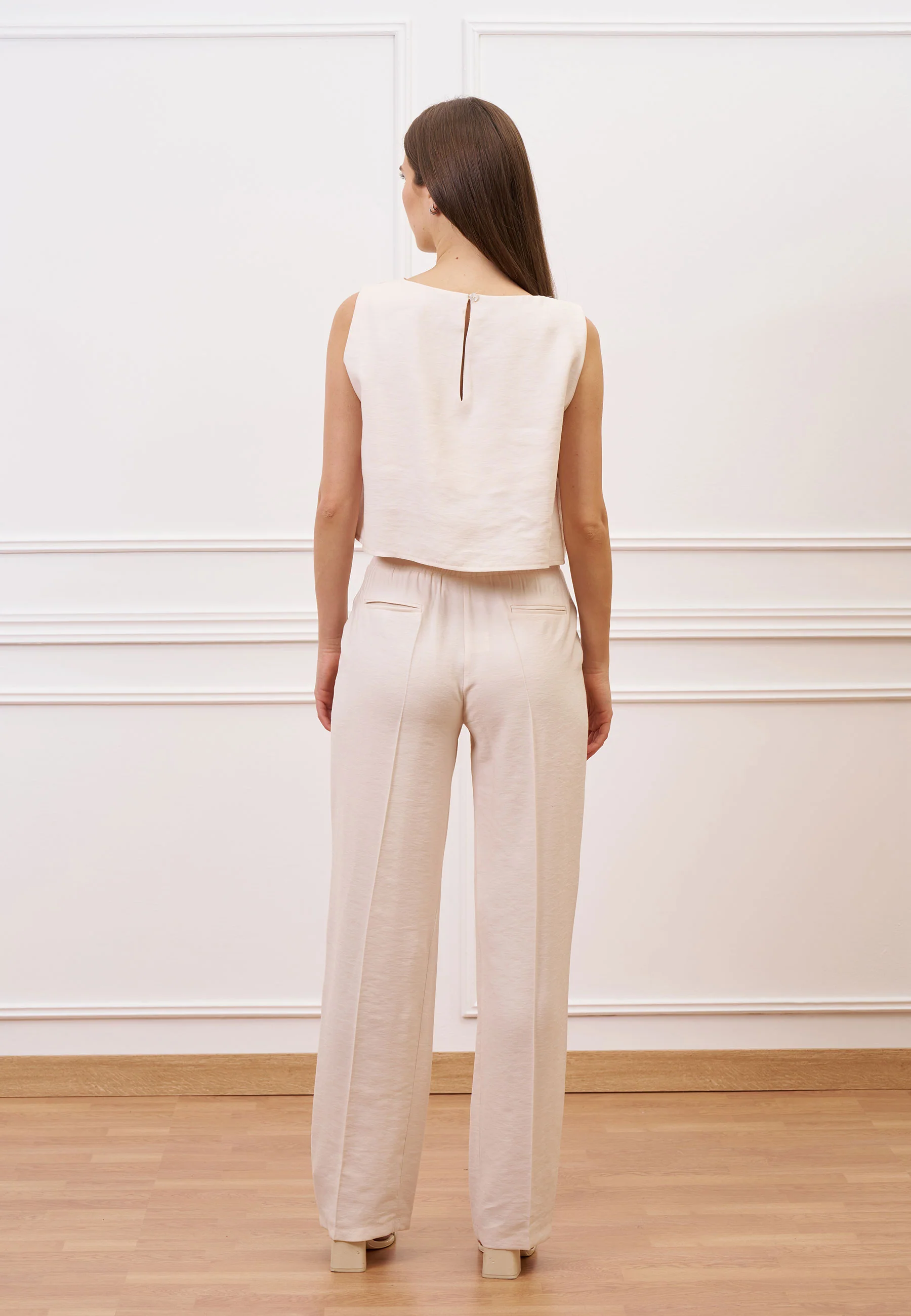Pantalone ampio a vita alta in viscosa - AVORIO - Image 6