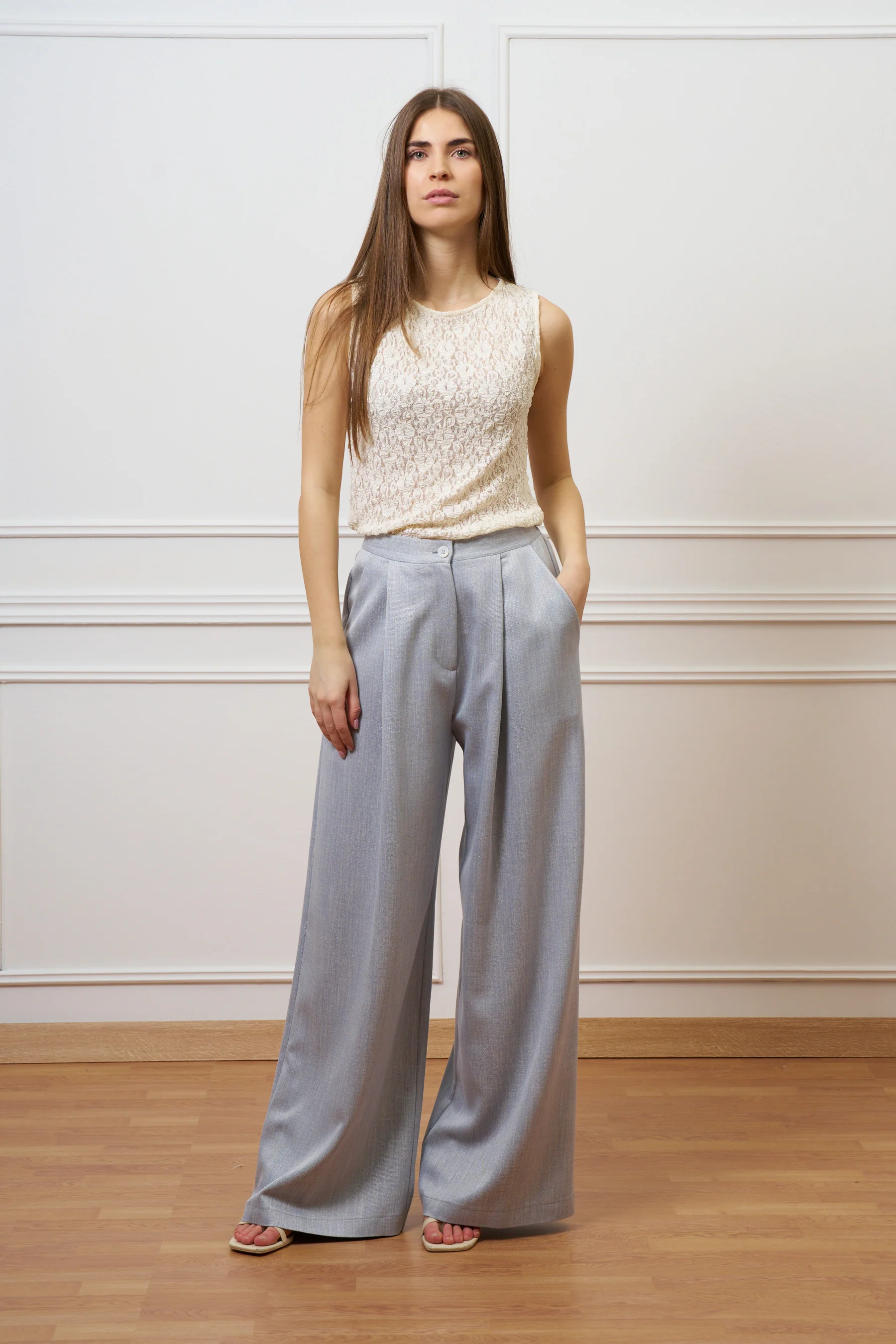 Pantalone ampio con lurex - CELESTE - Image 3
