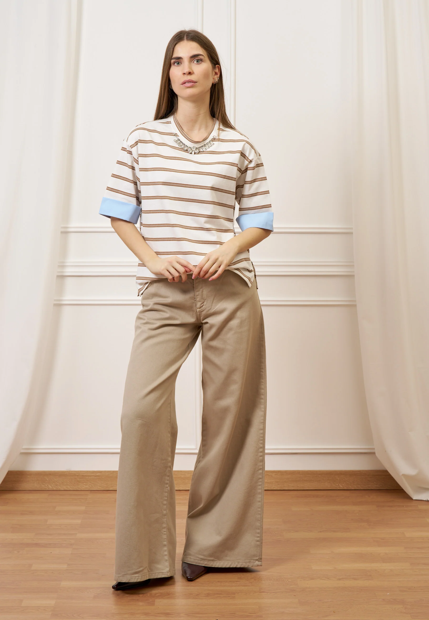 Pantalone ampio in cotone - BEIGE - Image 9