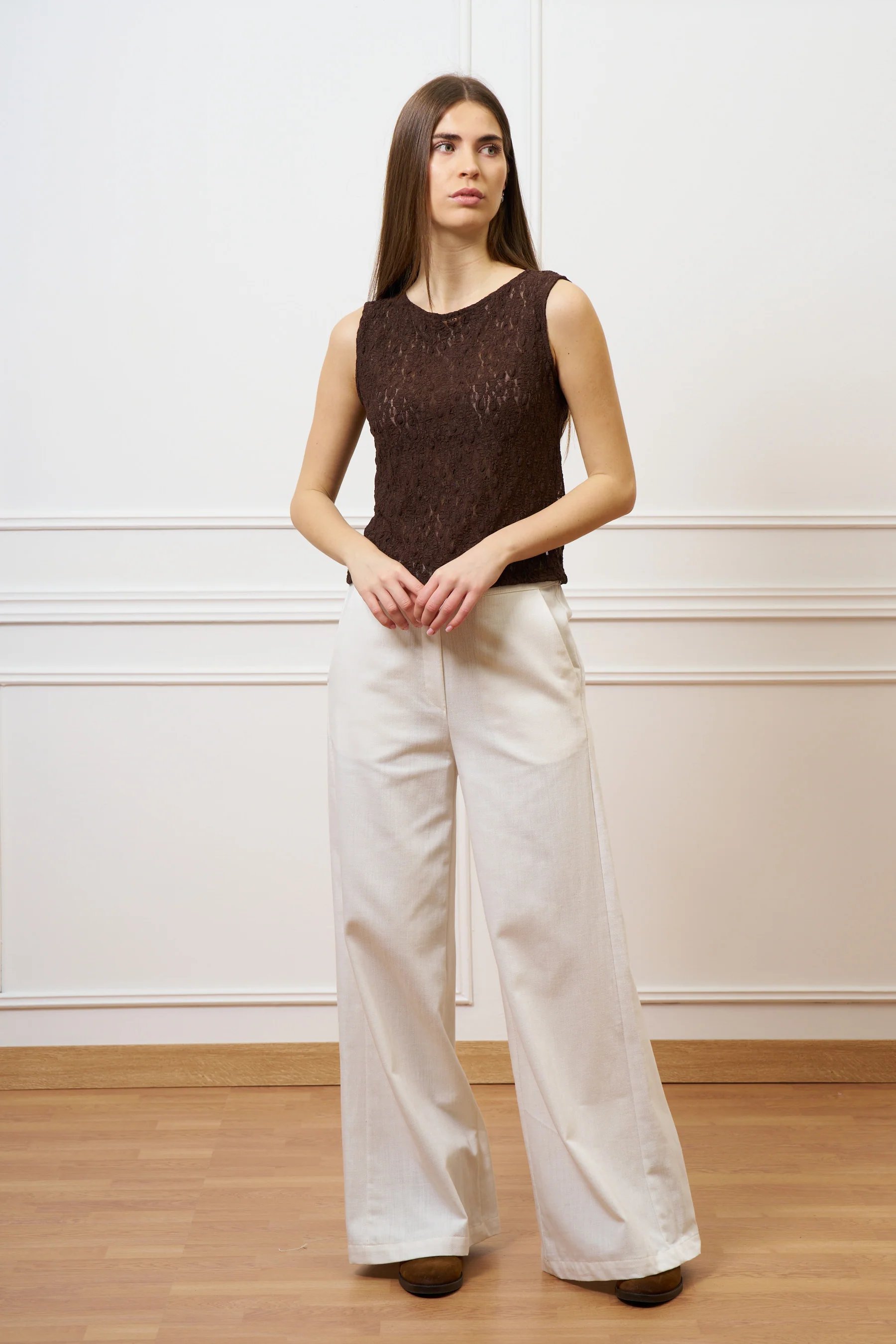 Pantalone ampio in cotone testurizzato - AVORIO - Image 17