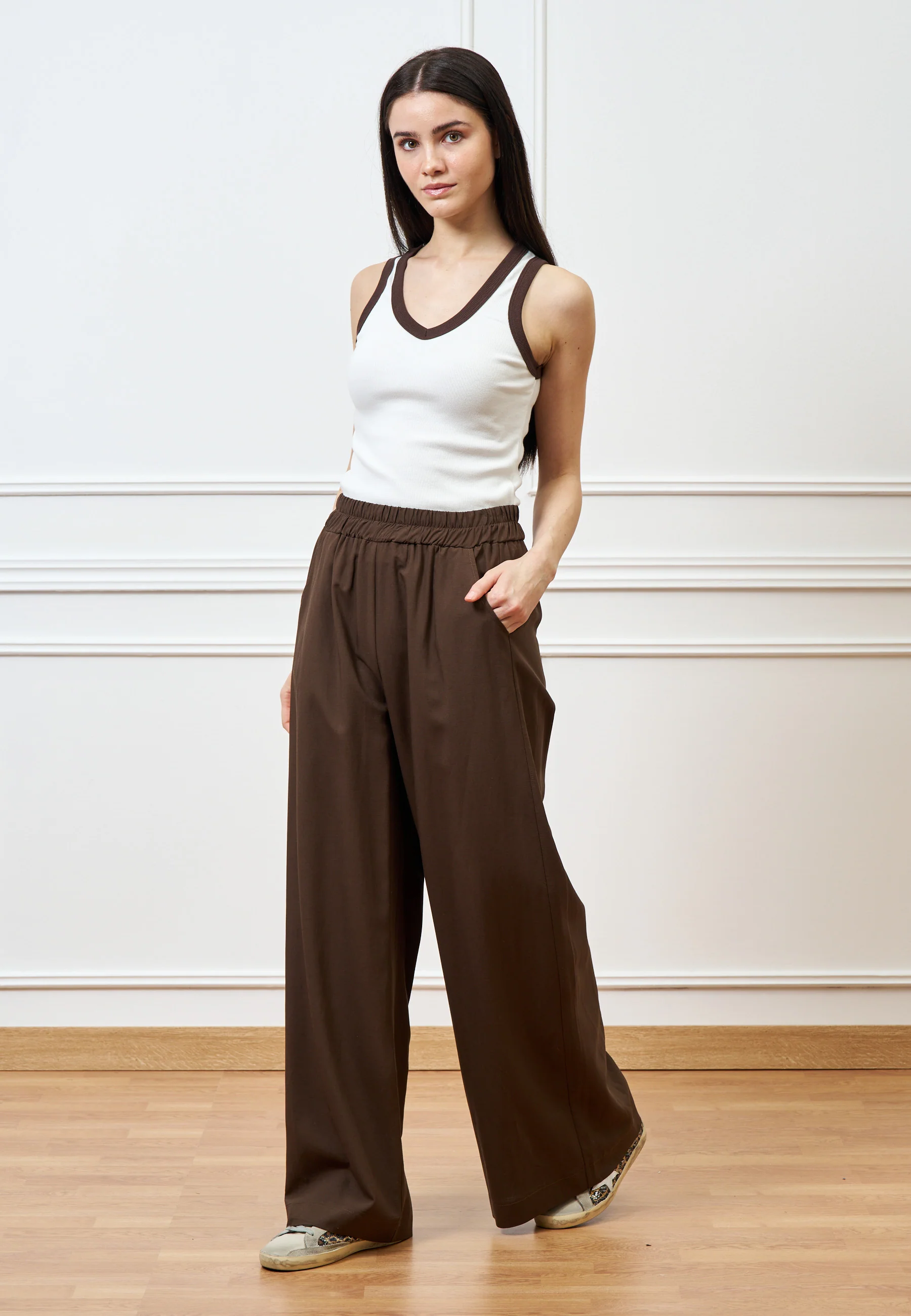 Pantalone ampio in lino e viscosa - MARRONE - Image 7