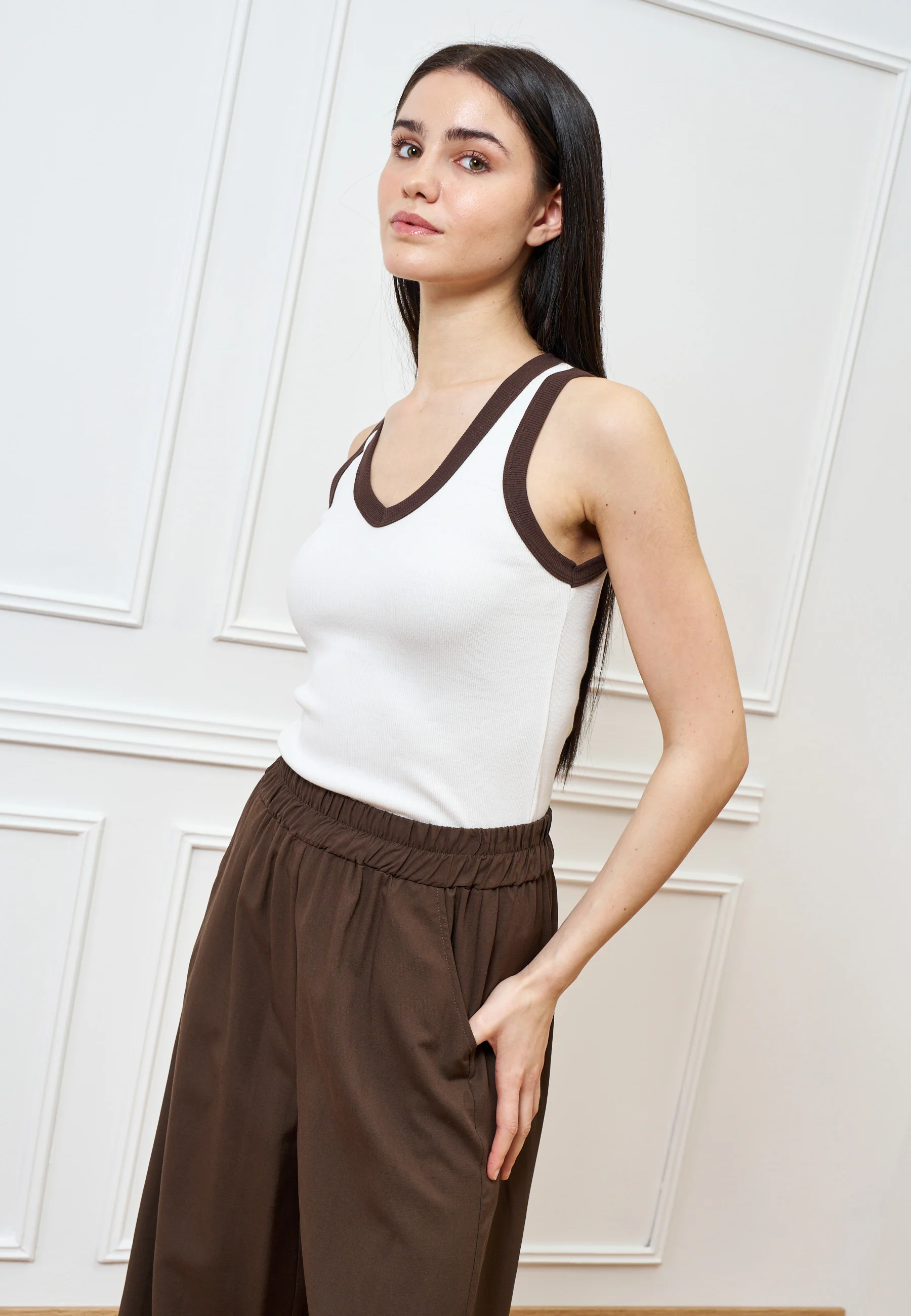 Pantalone ampio in lino e viscosa - MARRONE - Image 8
