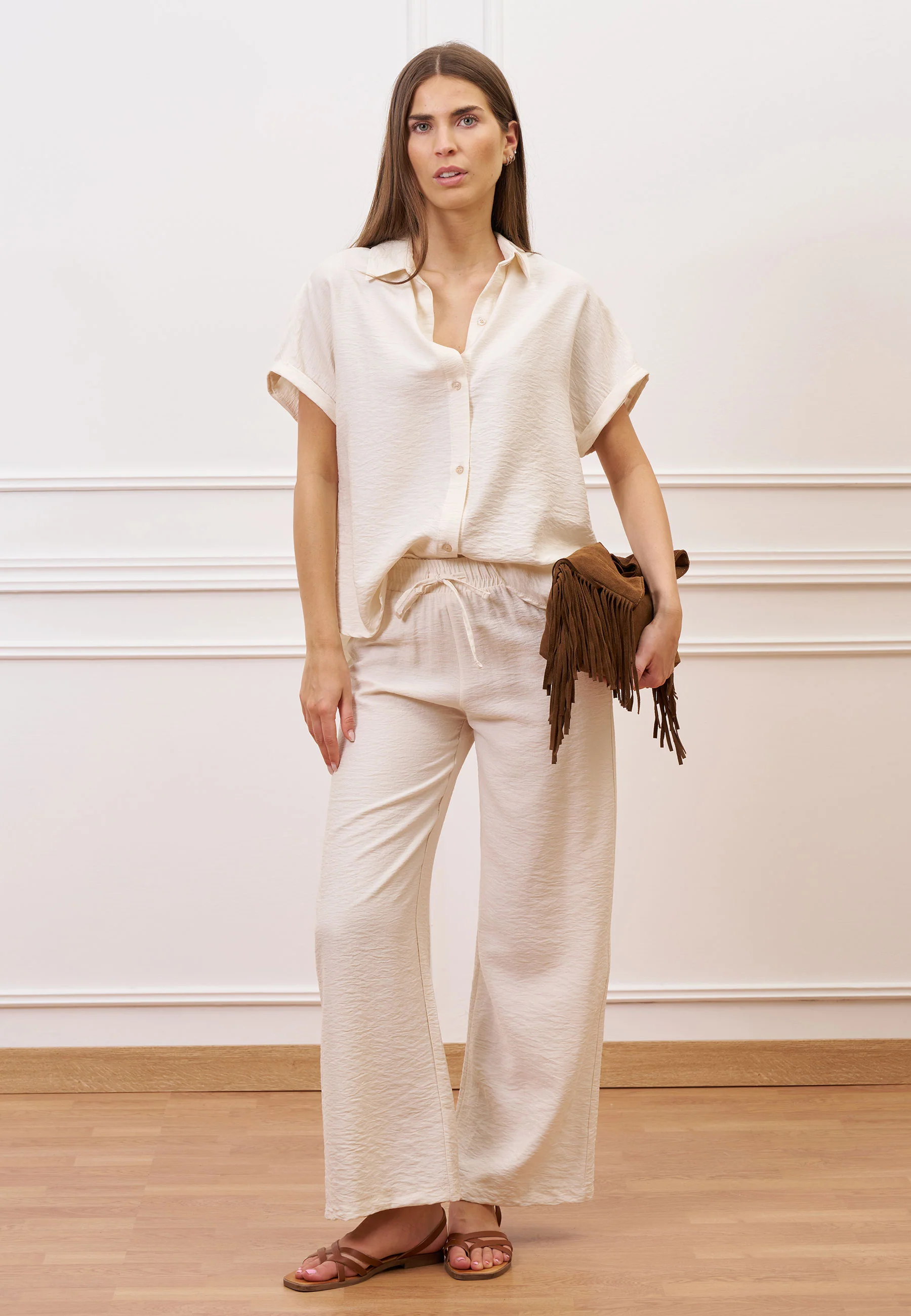 Pantalone ampio in viscosa - BEIGE