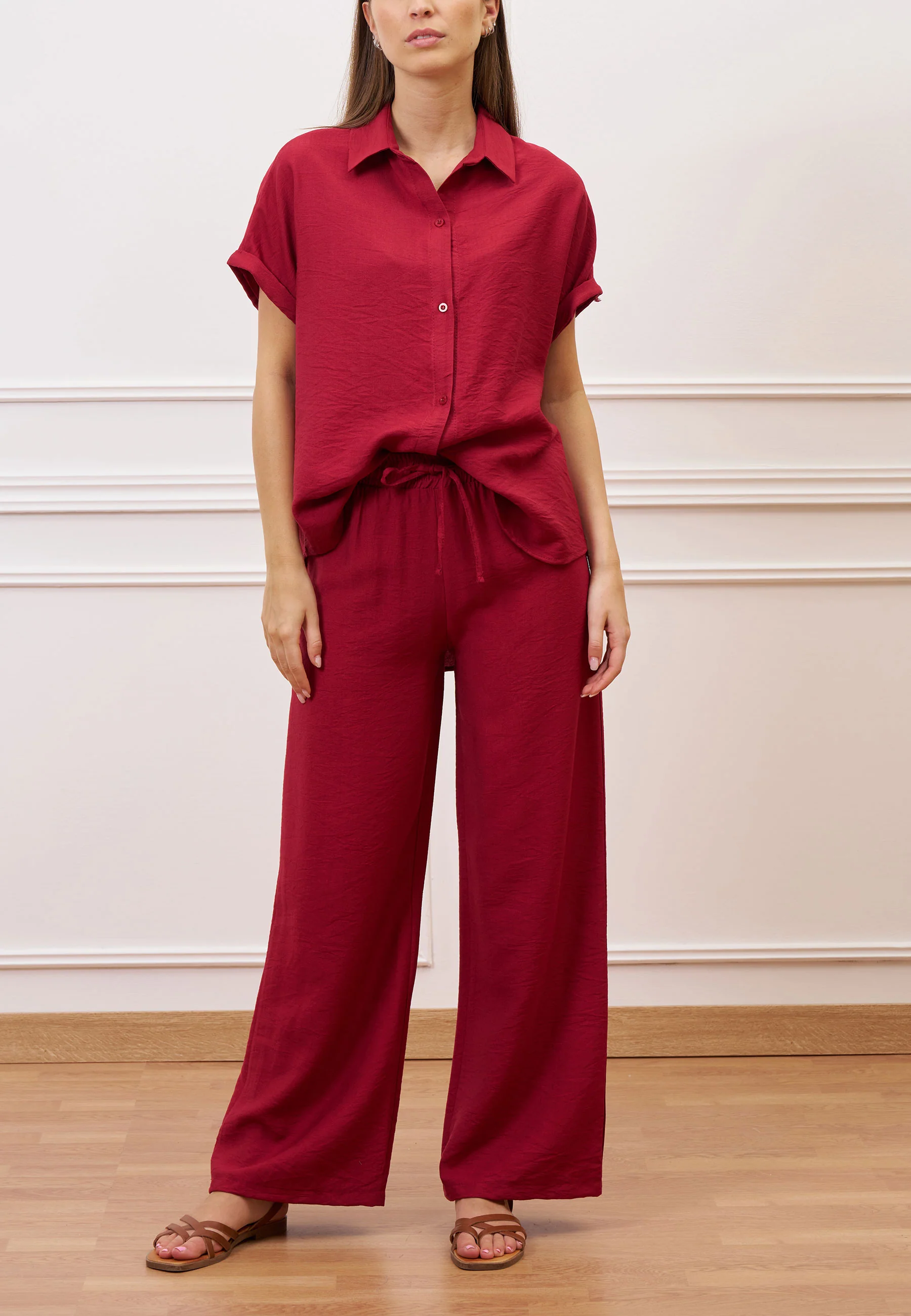 Pantalone ampio in viscosa - BORDEAUX - Image 3