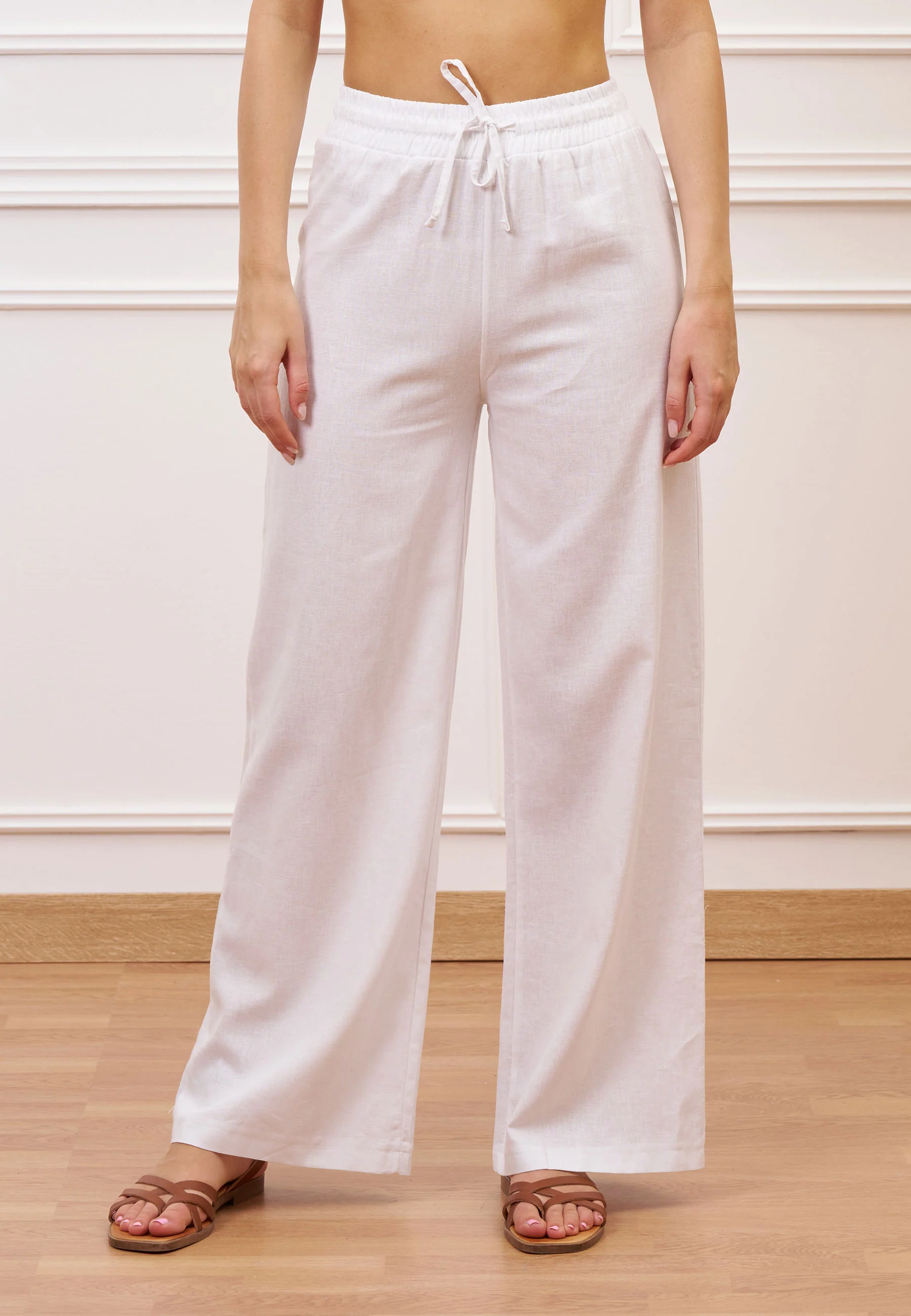 Pantalone con coulisse in misto lino - BIANCO - Image 2
