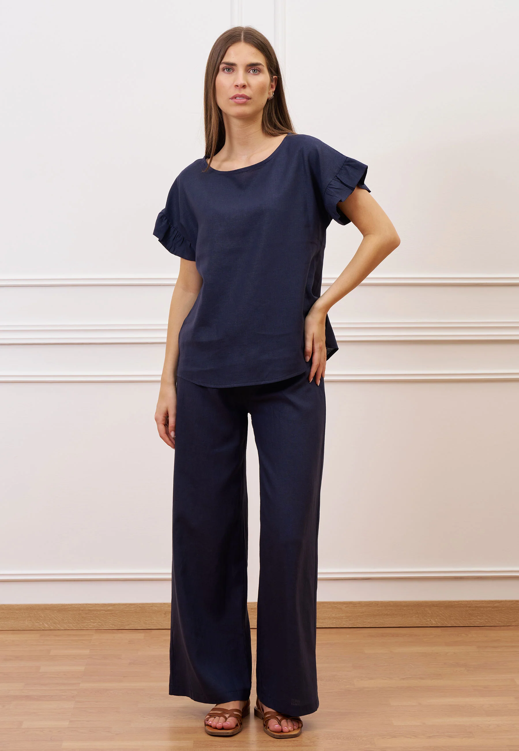 Pantalone con coulisse in misto lino - BLU