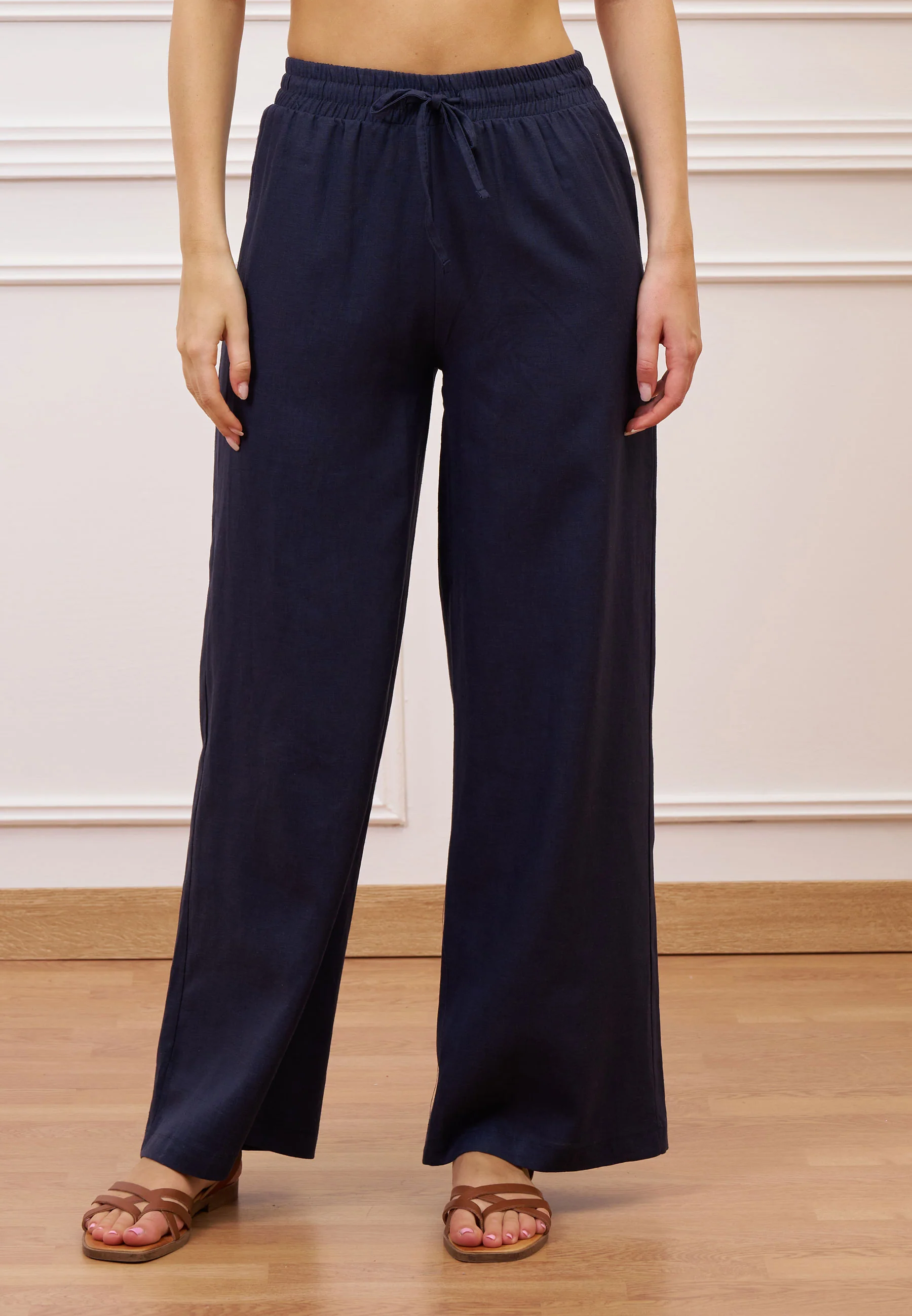 Pantalone con coulisse in misto lino - BLU - Image 2