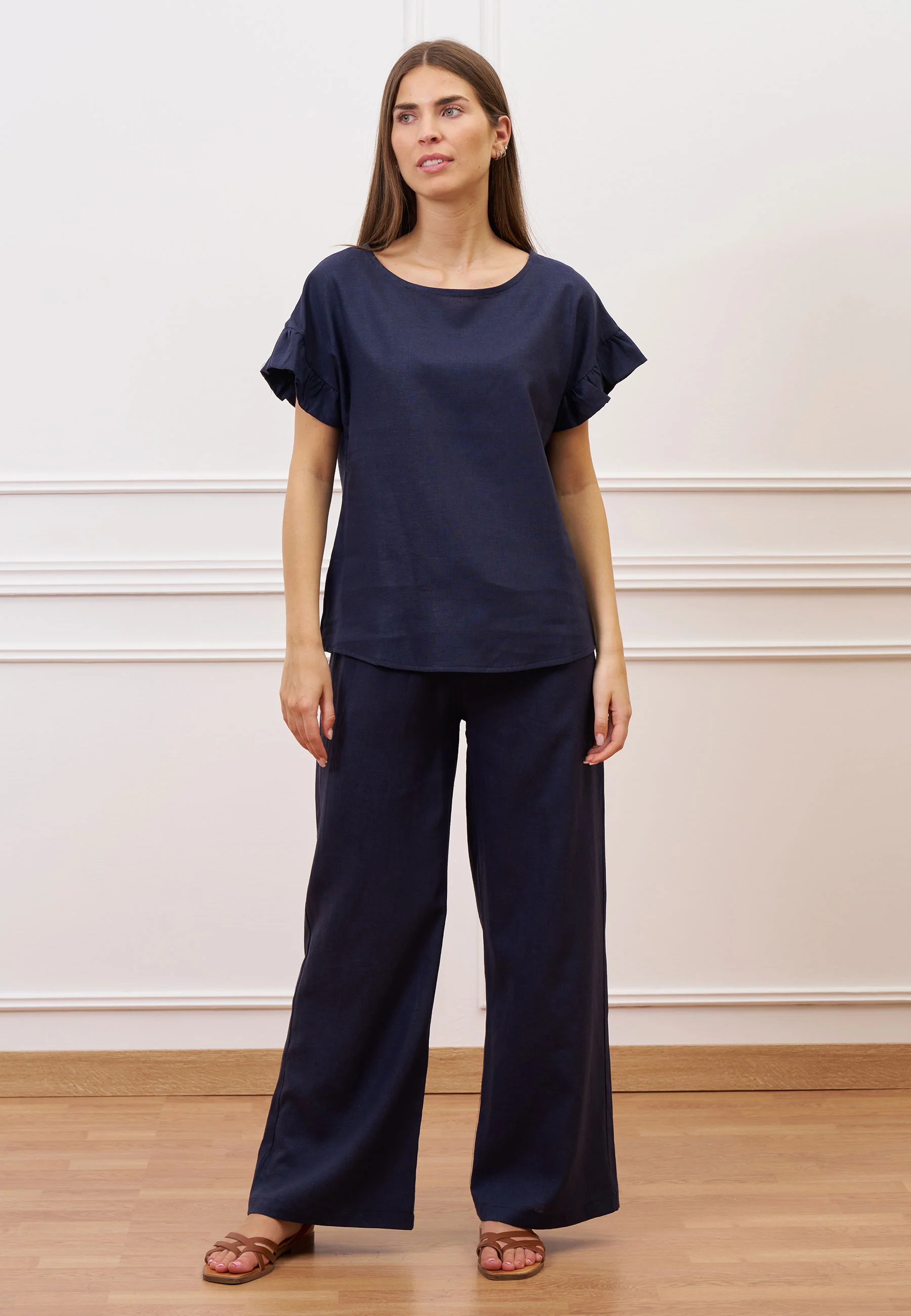 Pantalone con coulisse in misto lino - BLU - Image 4