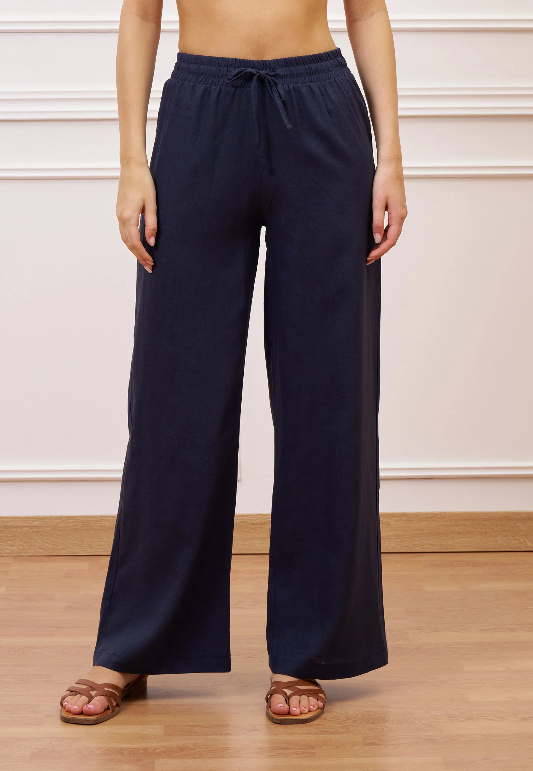 Pantalone con coulisse in misto lino - BLU - Image 5