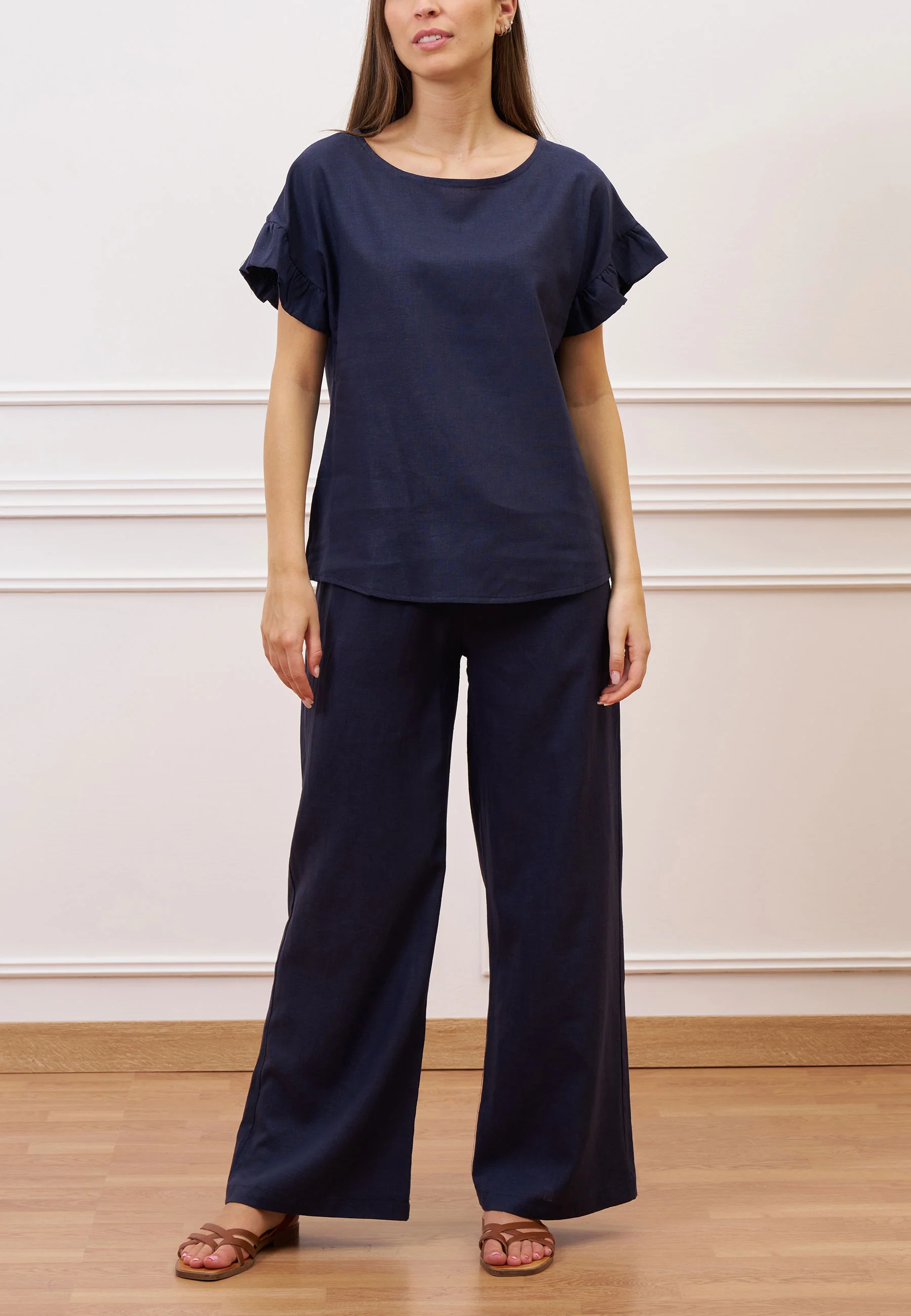 Pantalone con coulisse in misto lino - BLU - Image 6