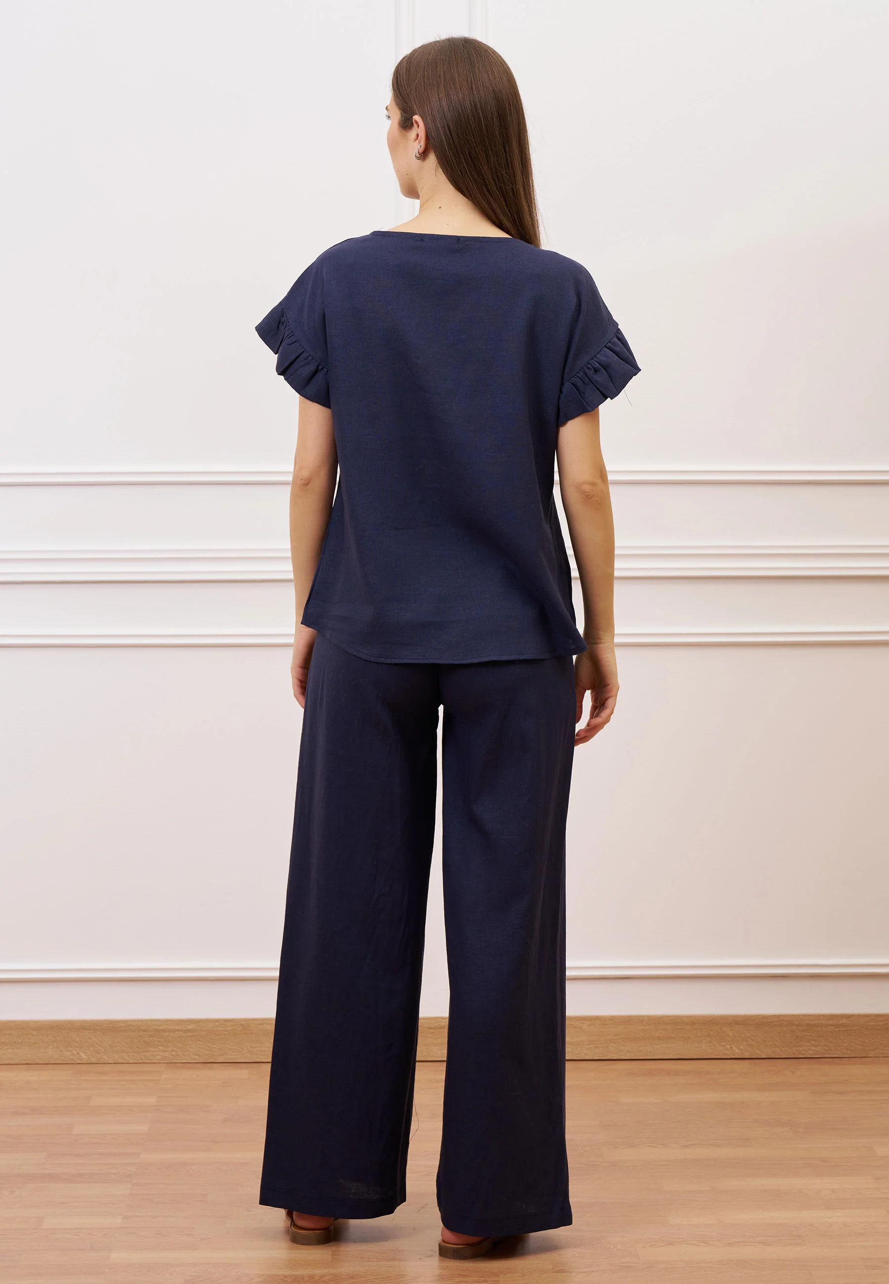 Pantalone con coulisse in misto lino - BLU - Image 7