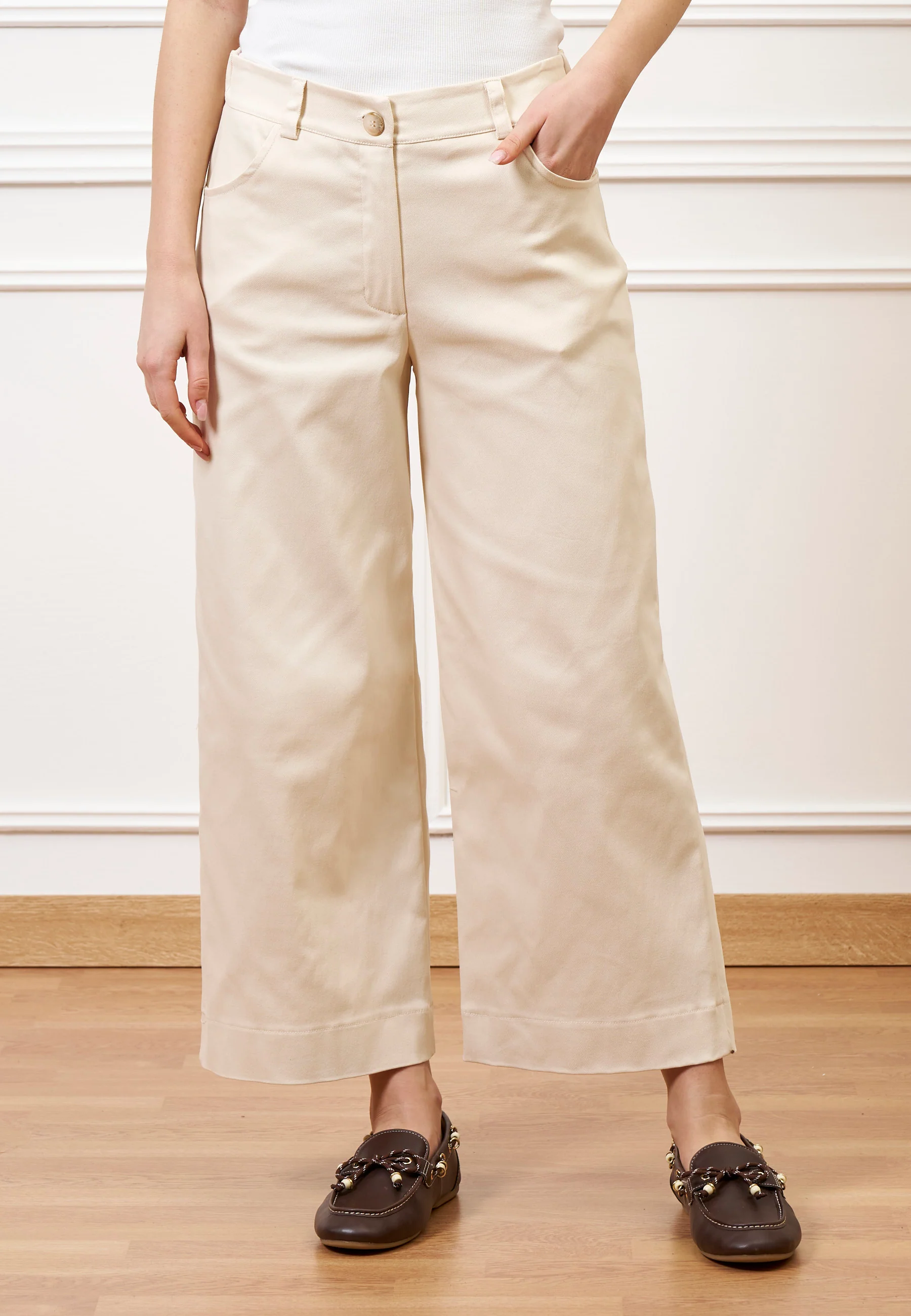 Pantalone con fondo ampio in cotone - AVORIO - Image 2