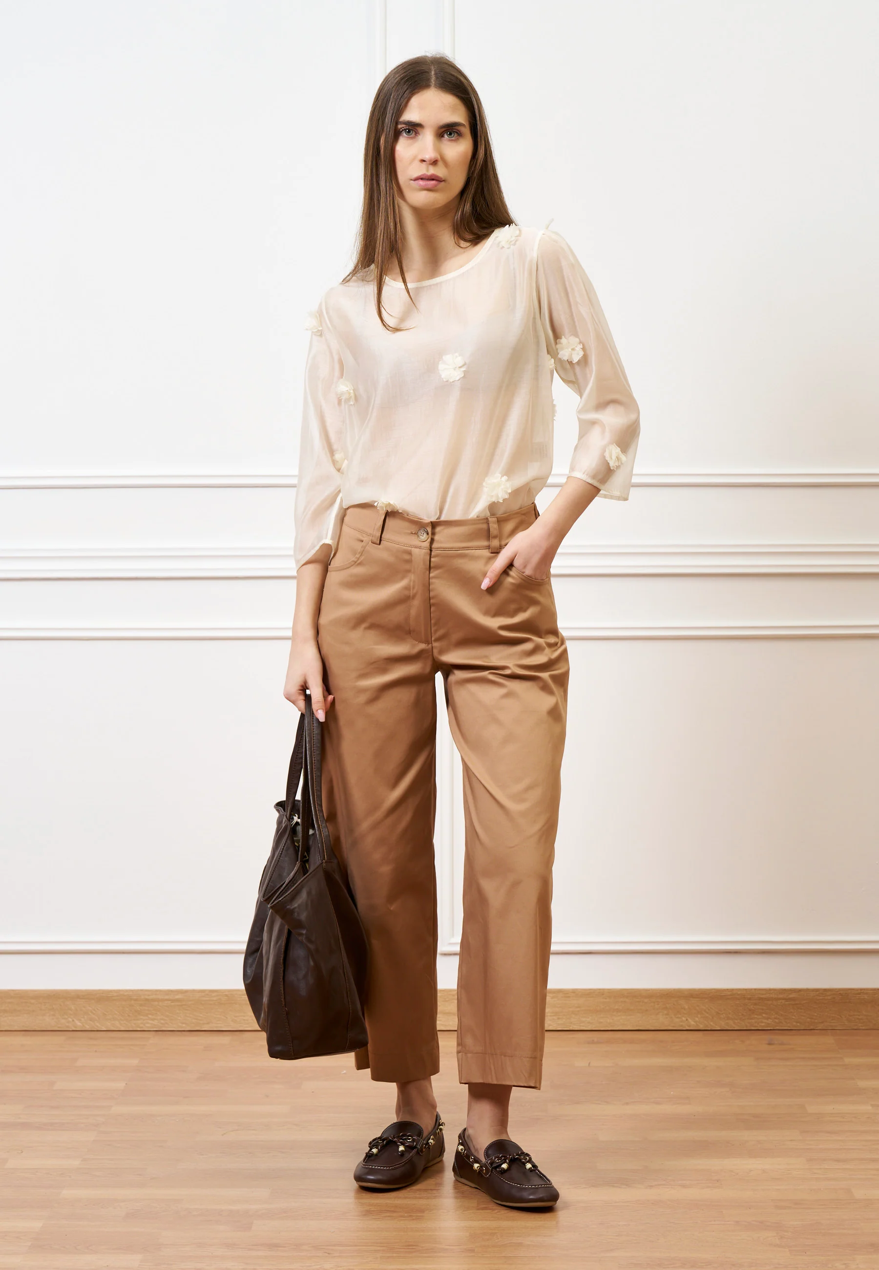 Pantalone con fondo ampio in cotone - NOCCIOLA