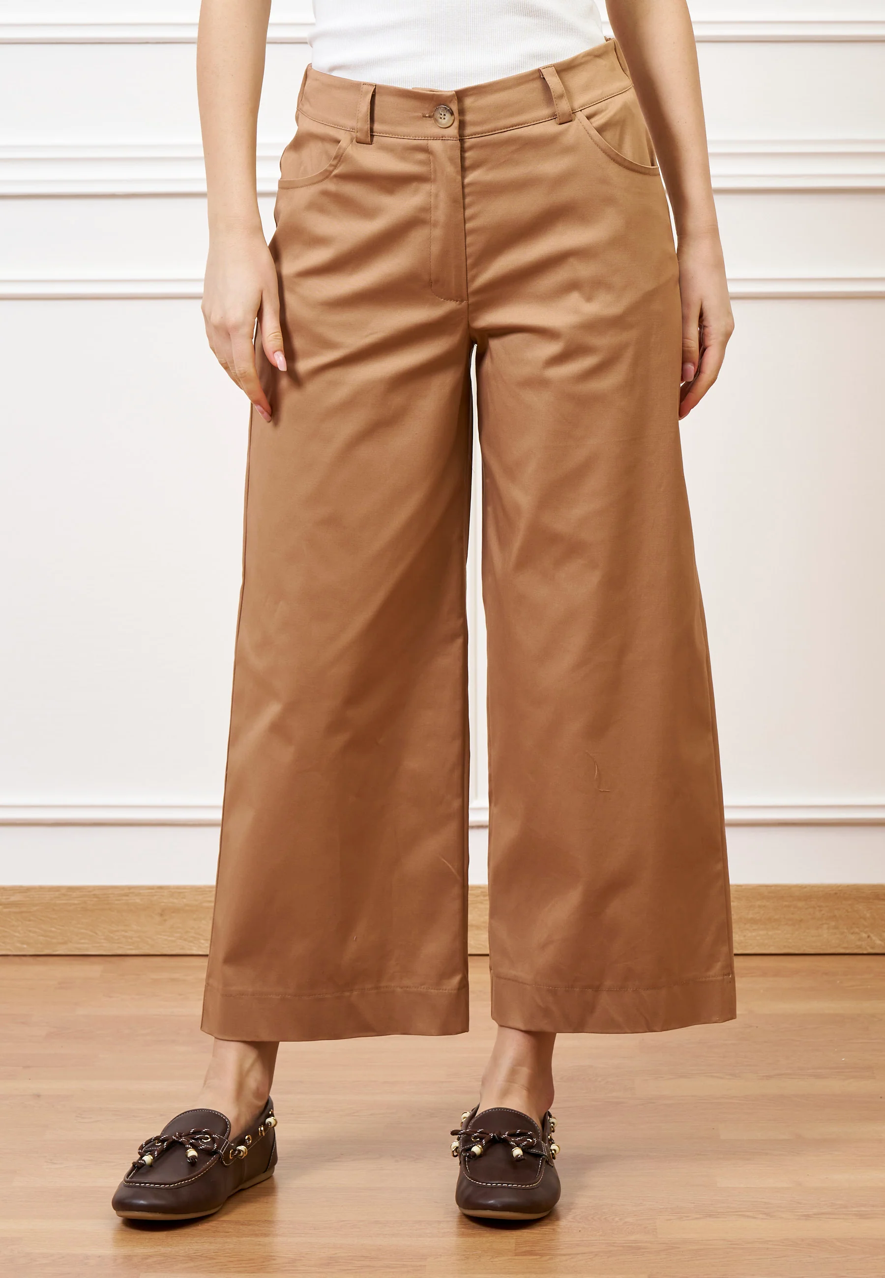 Pantalone con fondo ampio in cotone - NOCCIOLA - Image 2