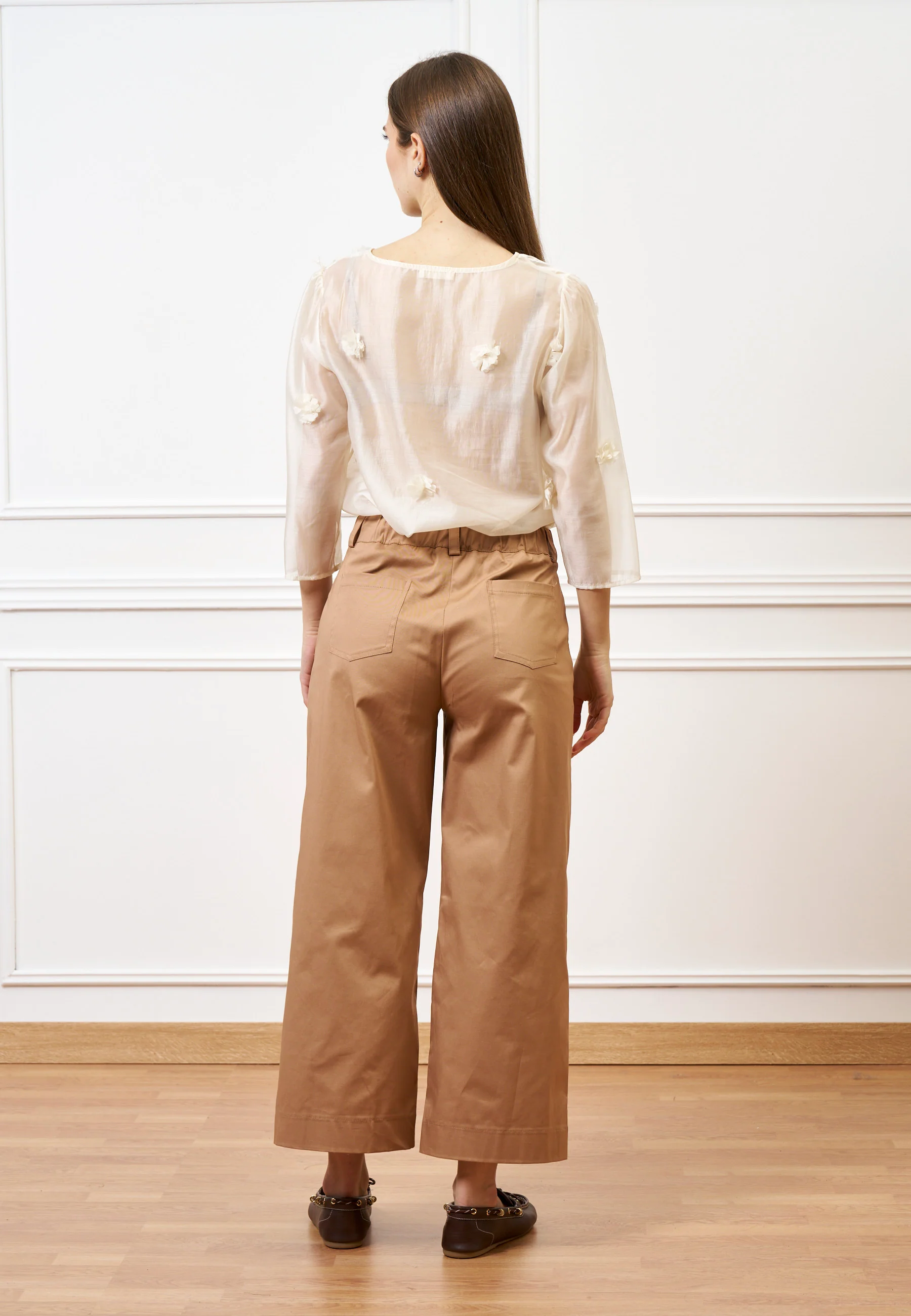 Pantalone con fondo ampio in cotone - NOCCIOLA - Image 7