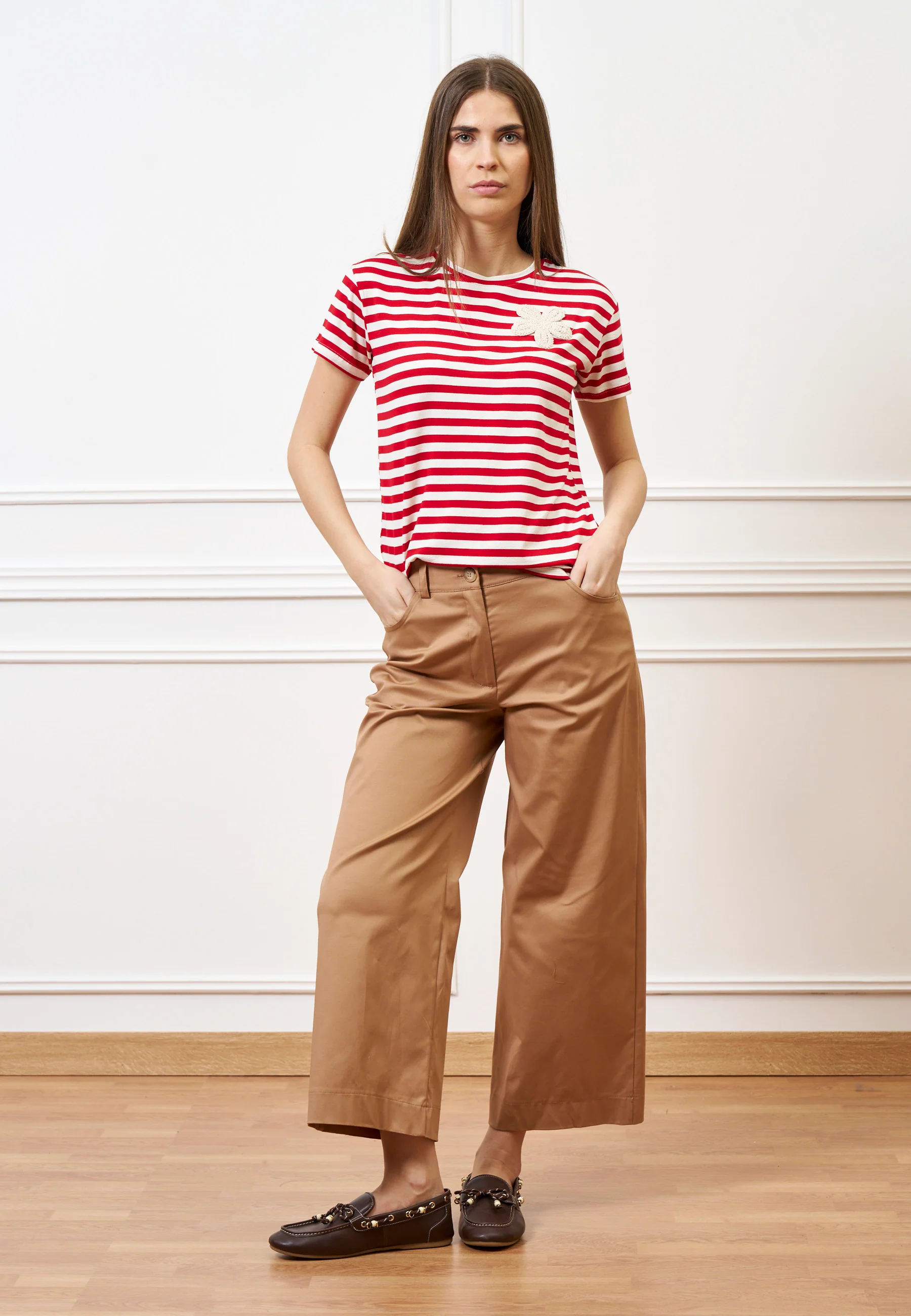 Pantalone con fondo ampio in cotone - NOCCIOLA - Image 9