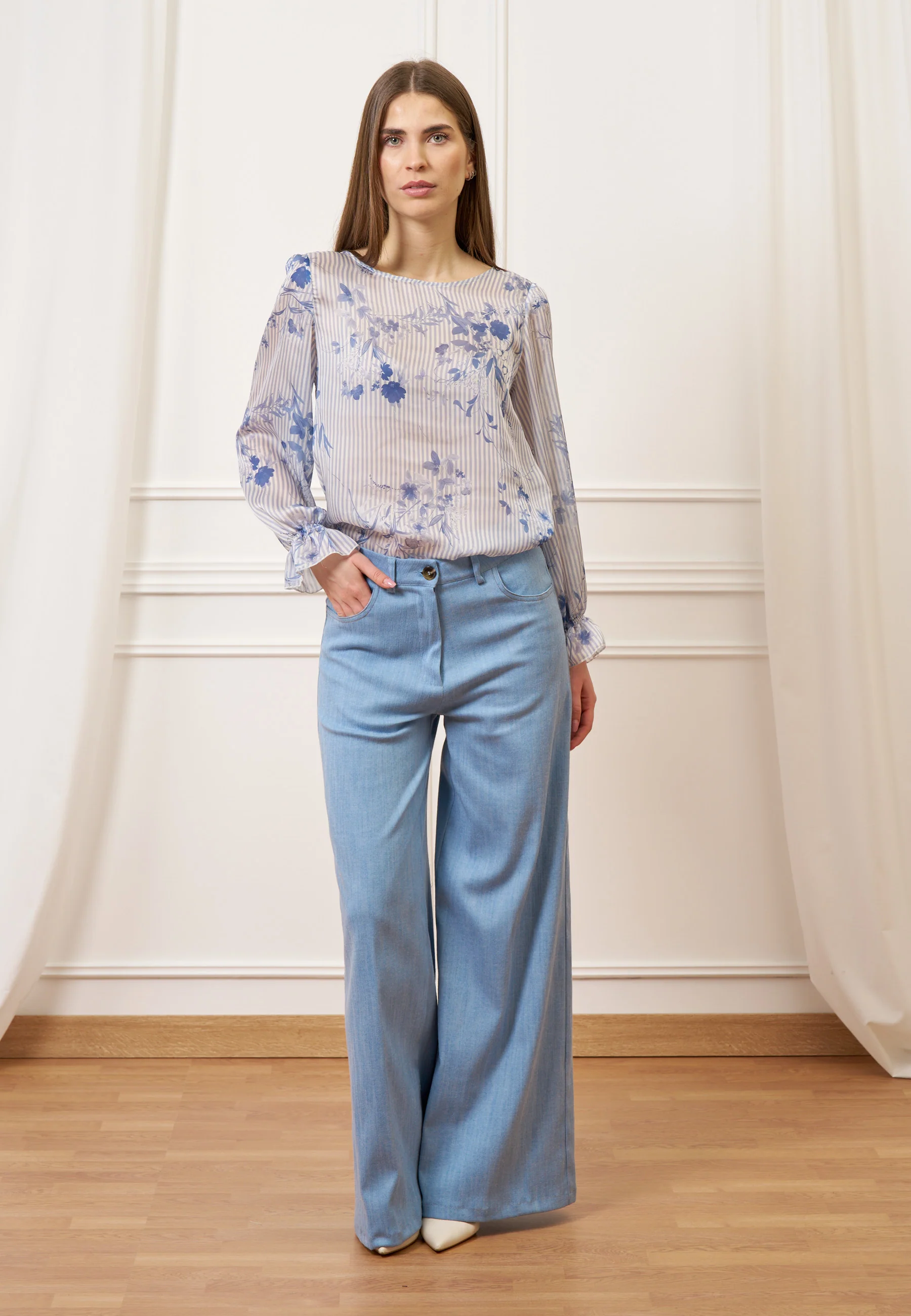 Pantalone palazzo effetto denim - CELESTE - Image 9