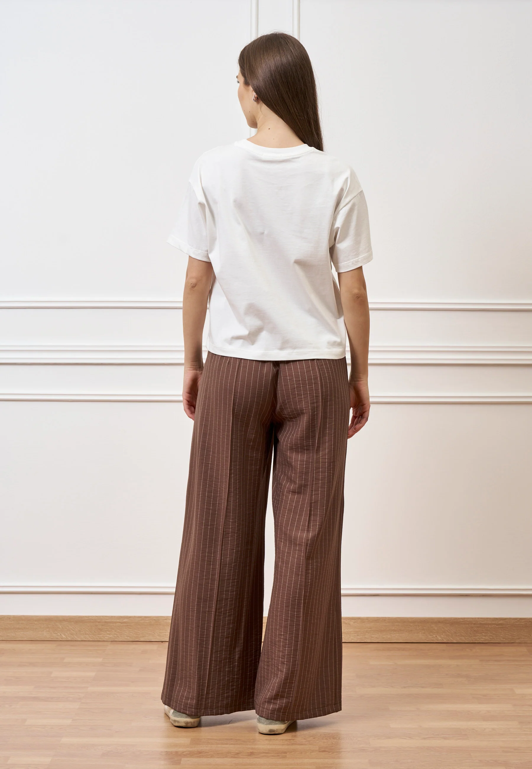 Pantalone palazzo gessato con zip laterale - MARRONE - Image 12