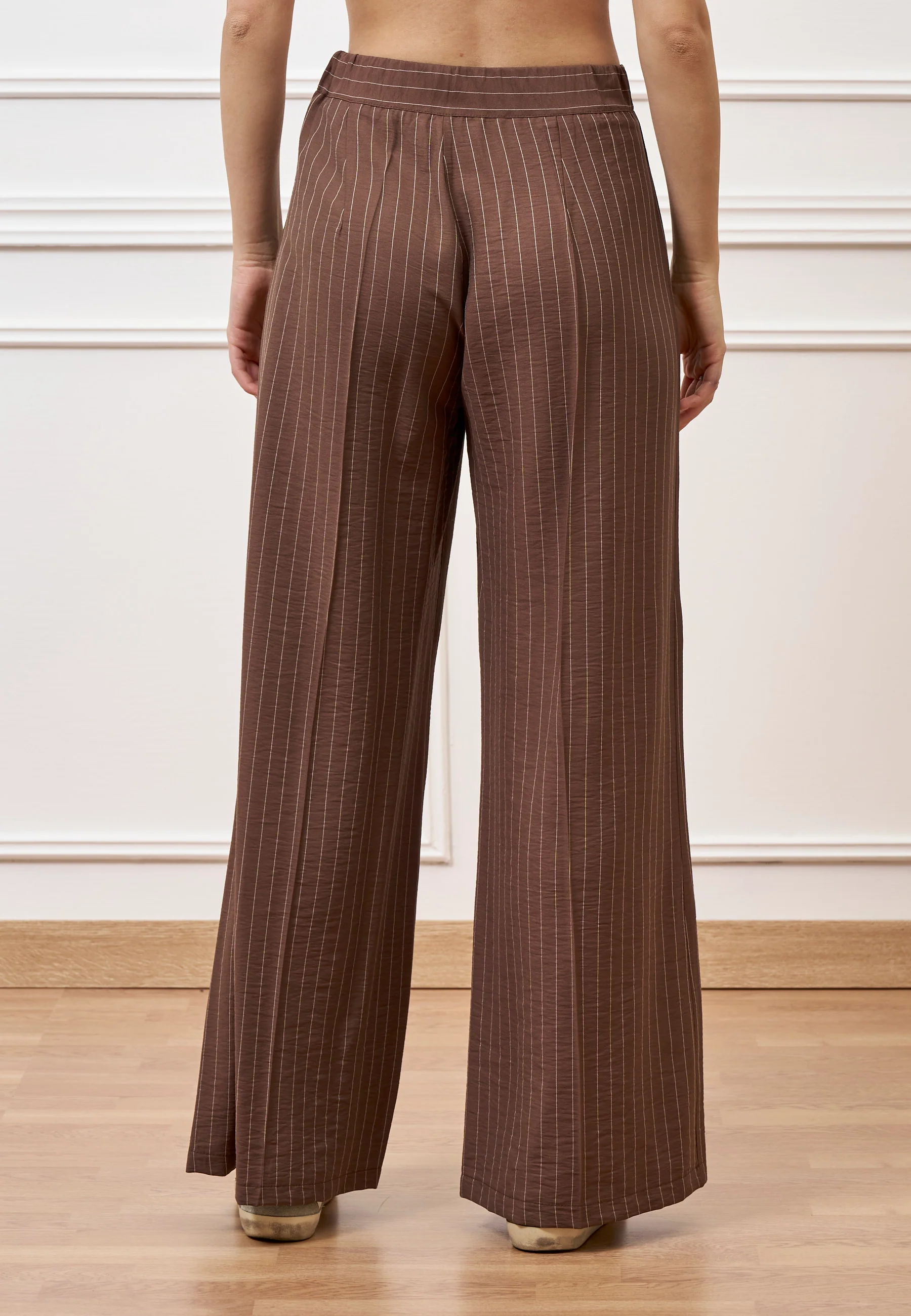 Pantalone palazzo gessato con zip laterale - MARRONE - Image 5