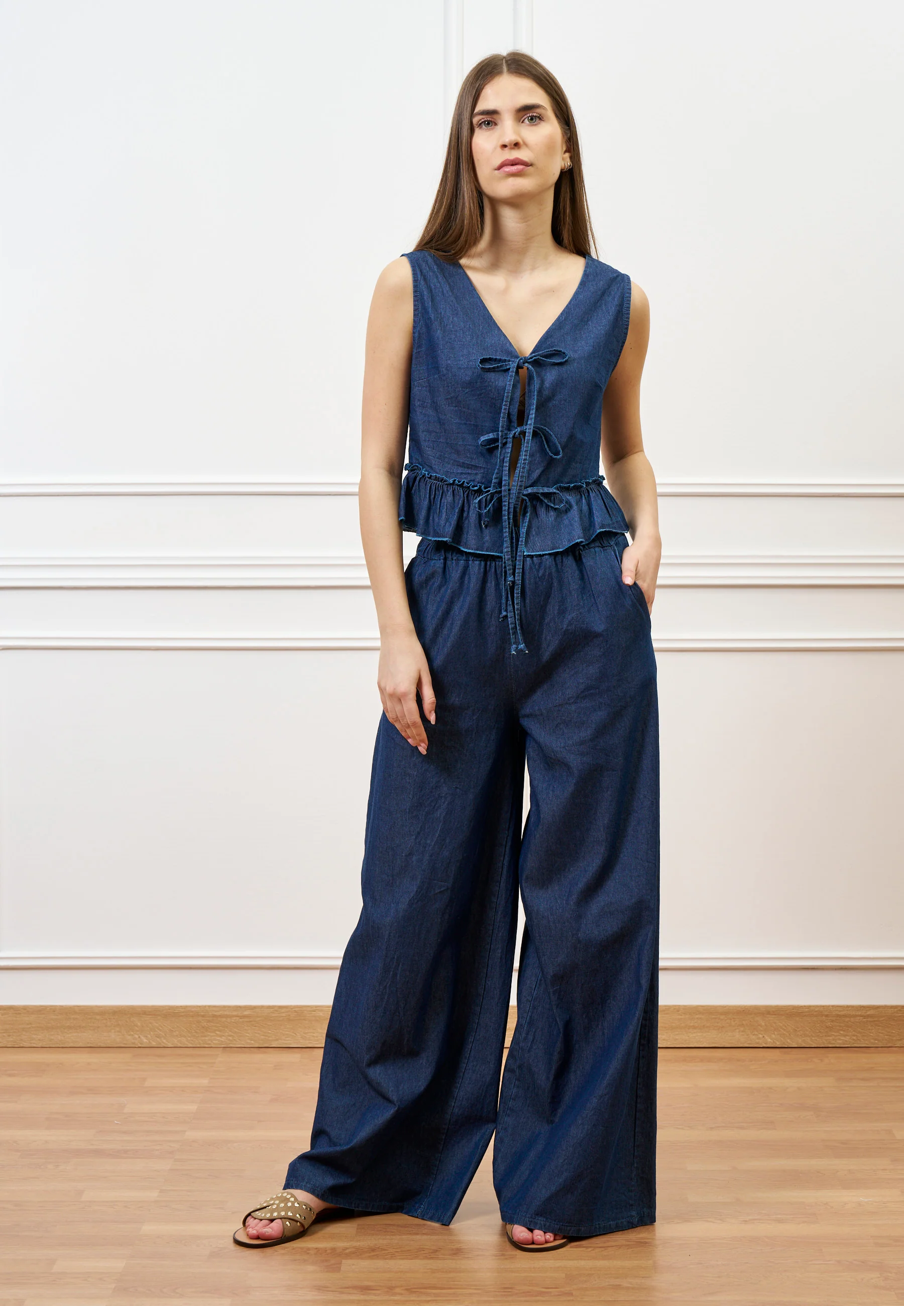 Pantalone palazzo in chambray - BLU - Image 2