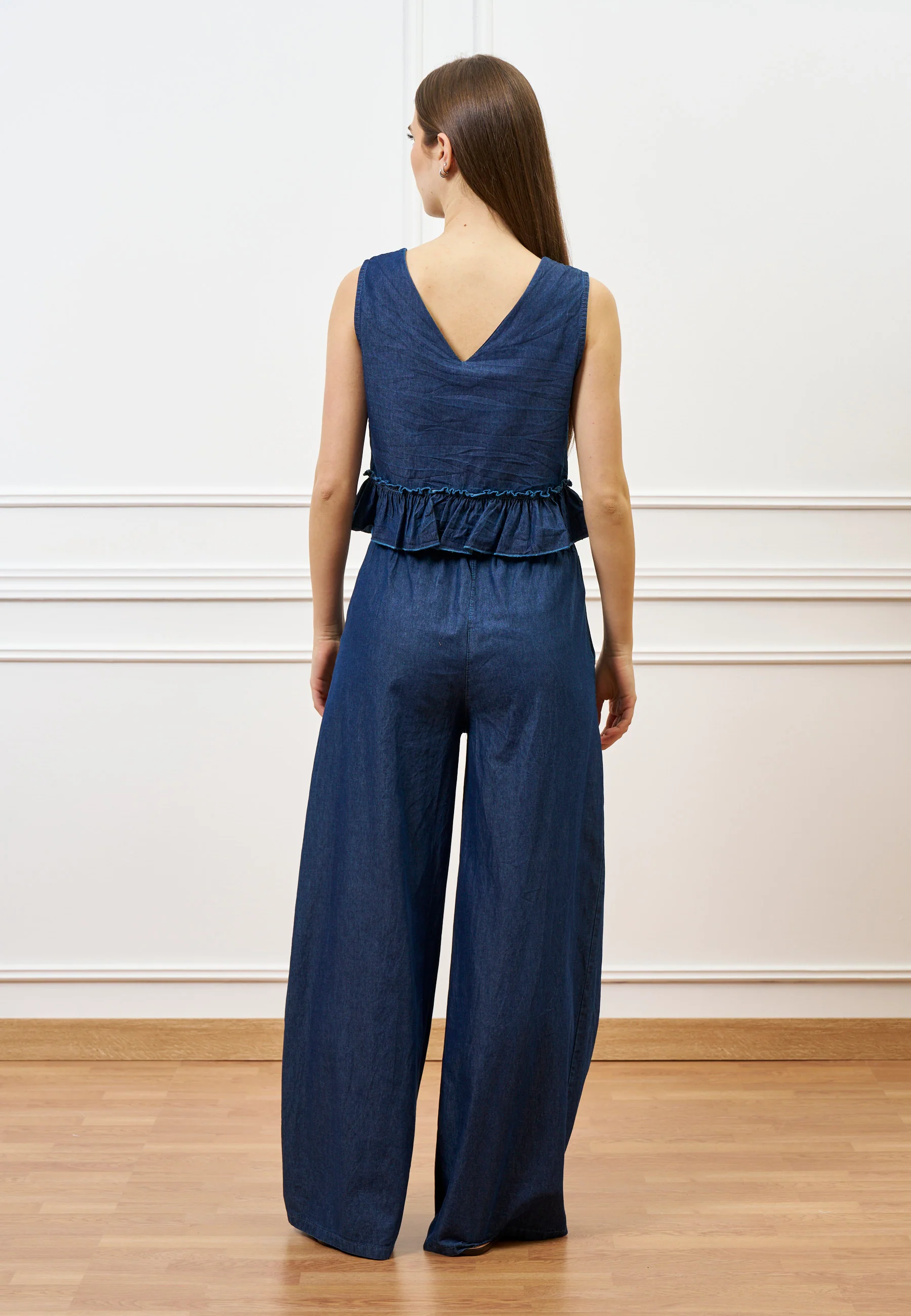 Pantalone palazzo in chambray - BLU - Image 3