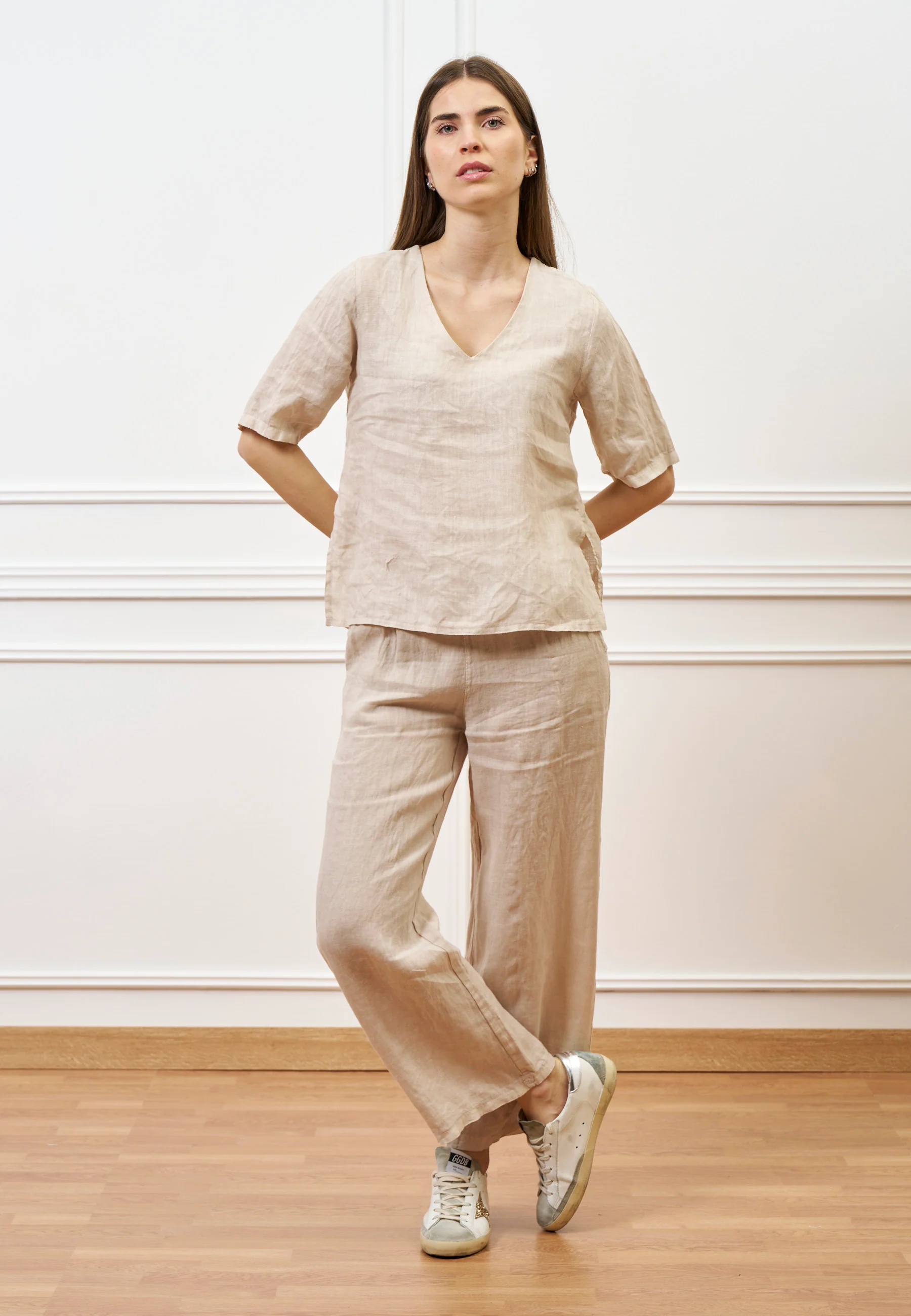 Pantalone palazzo in lino - BEIGE - Image 2