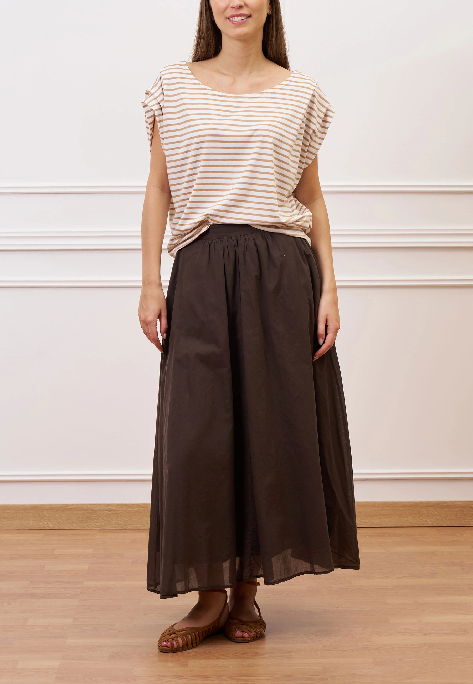 T-shirt a righe con pieghe maniche - BEIGE - Image 3