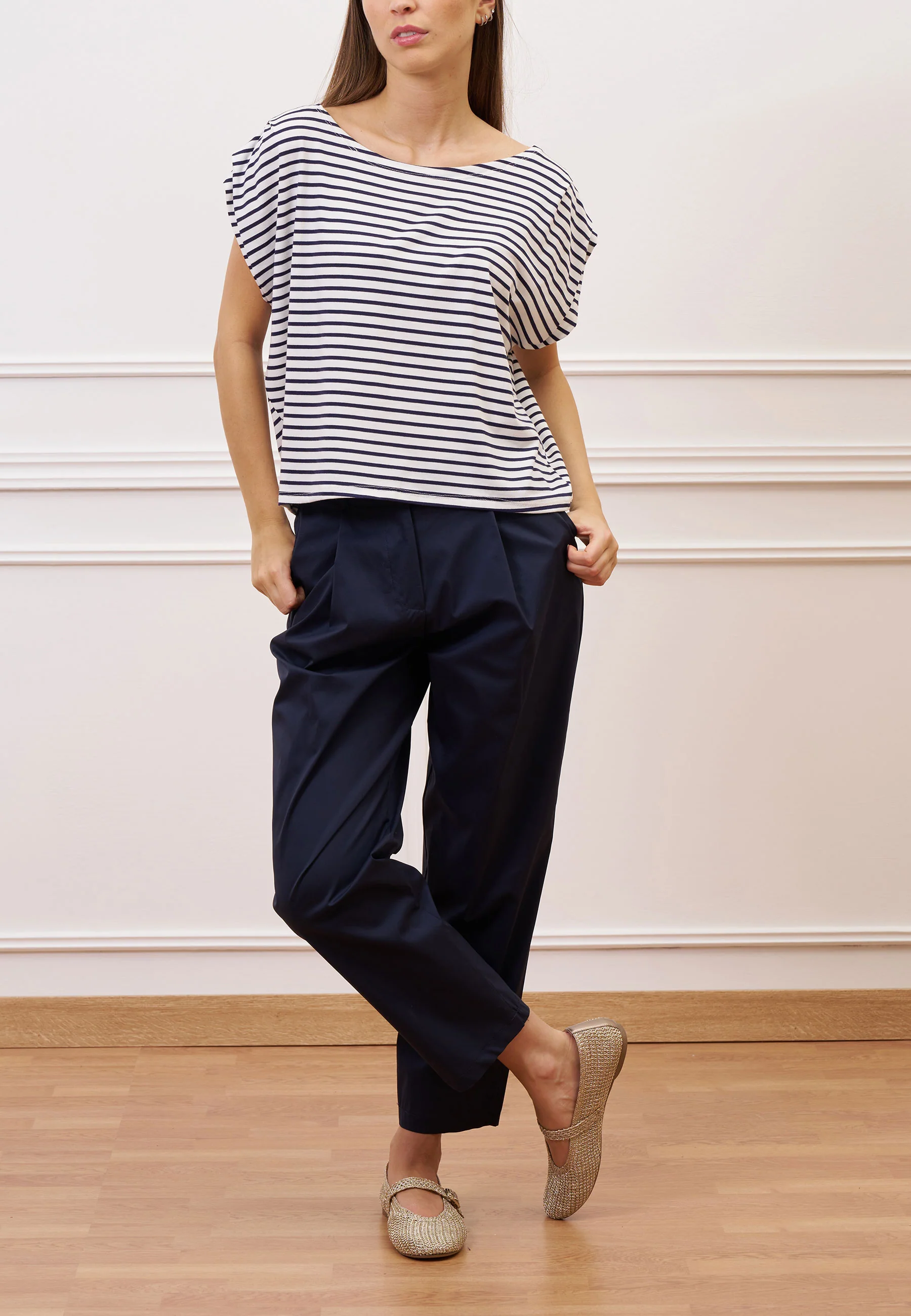 T-shirt a righe con pieghe maniche - BLU - Image 2